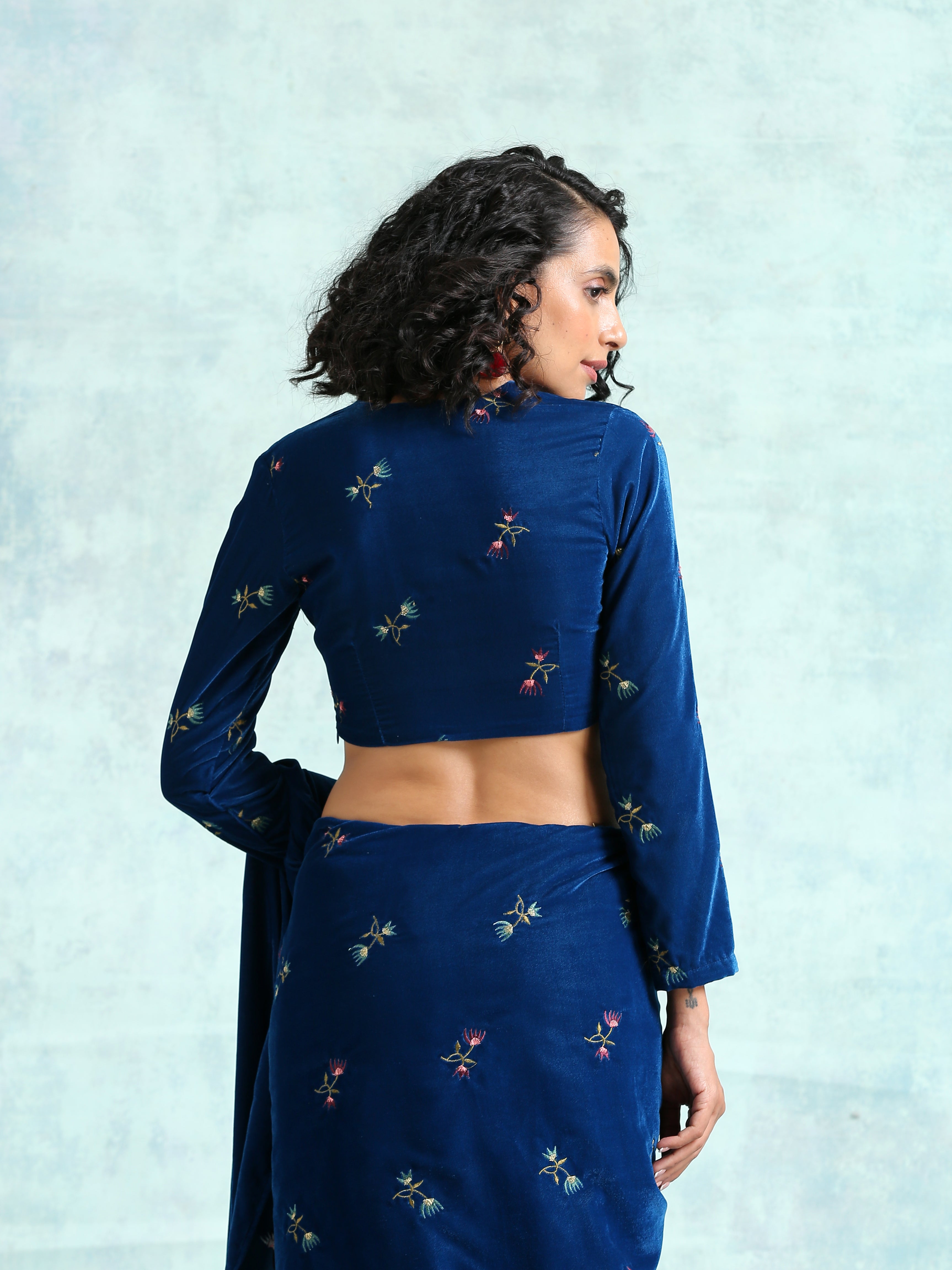 trueBrowns Blue Embroidered Velvet Blouse - Distacart