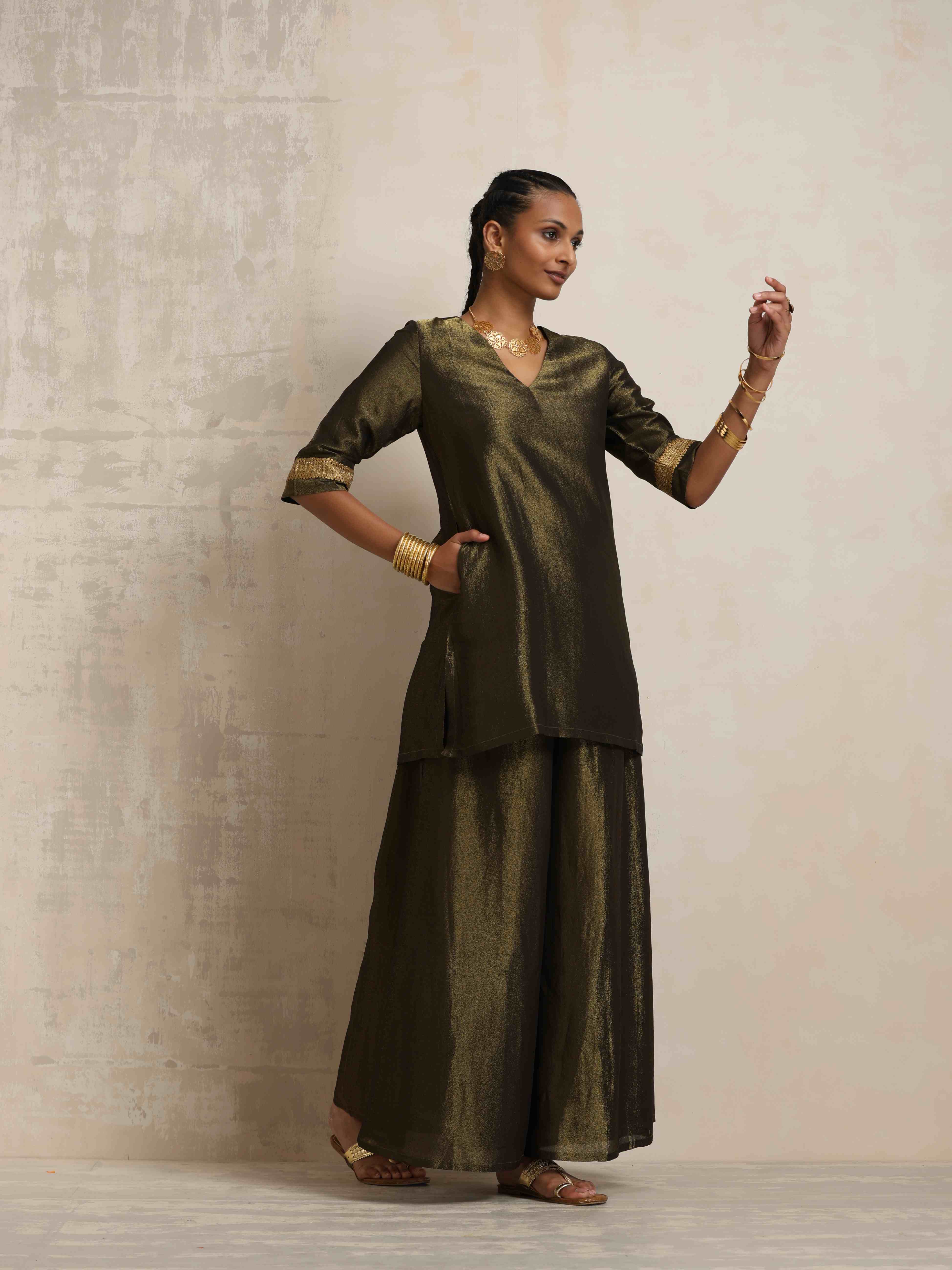 trueBrowns Olive Green Tissue Sharara Set - Distacart