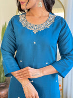 Thumbnail for The52 Women's Beautiful Roman Silk Embroidered Straight Kurta with Pant And Dupatta Set