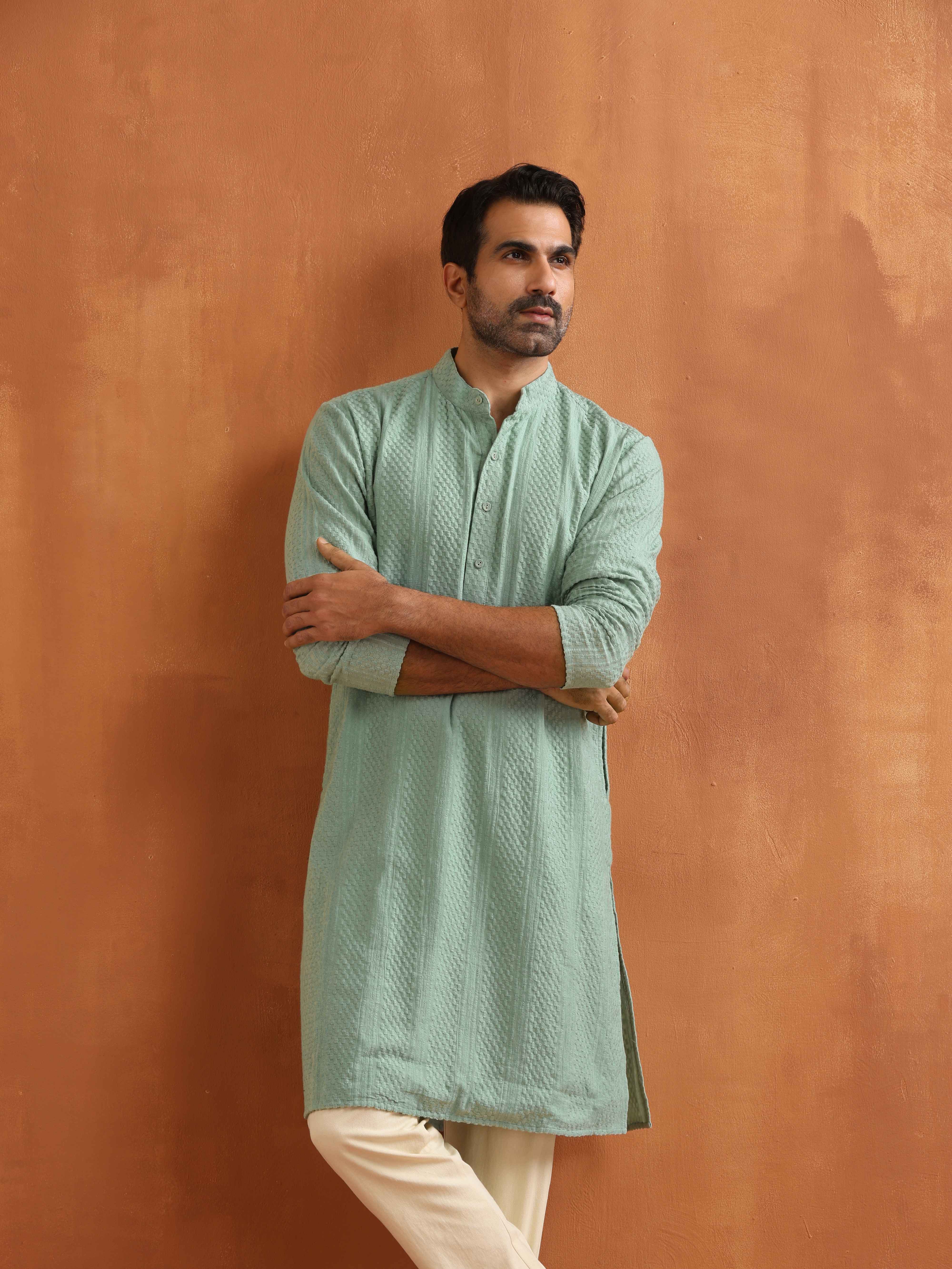 trueBrowns Men's Green Cotton Dobby Kurta