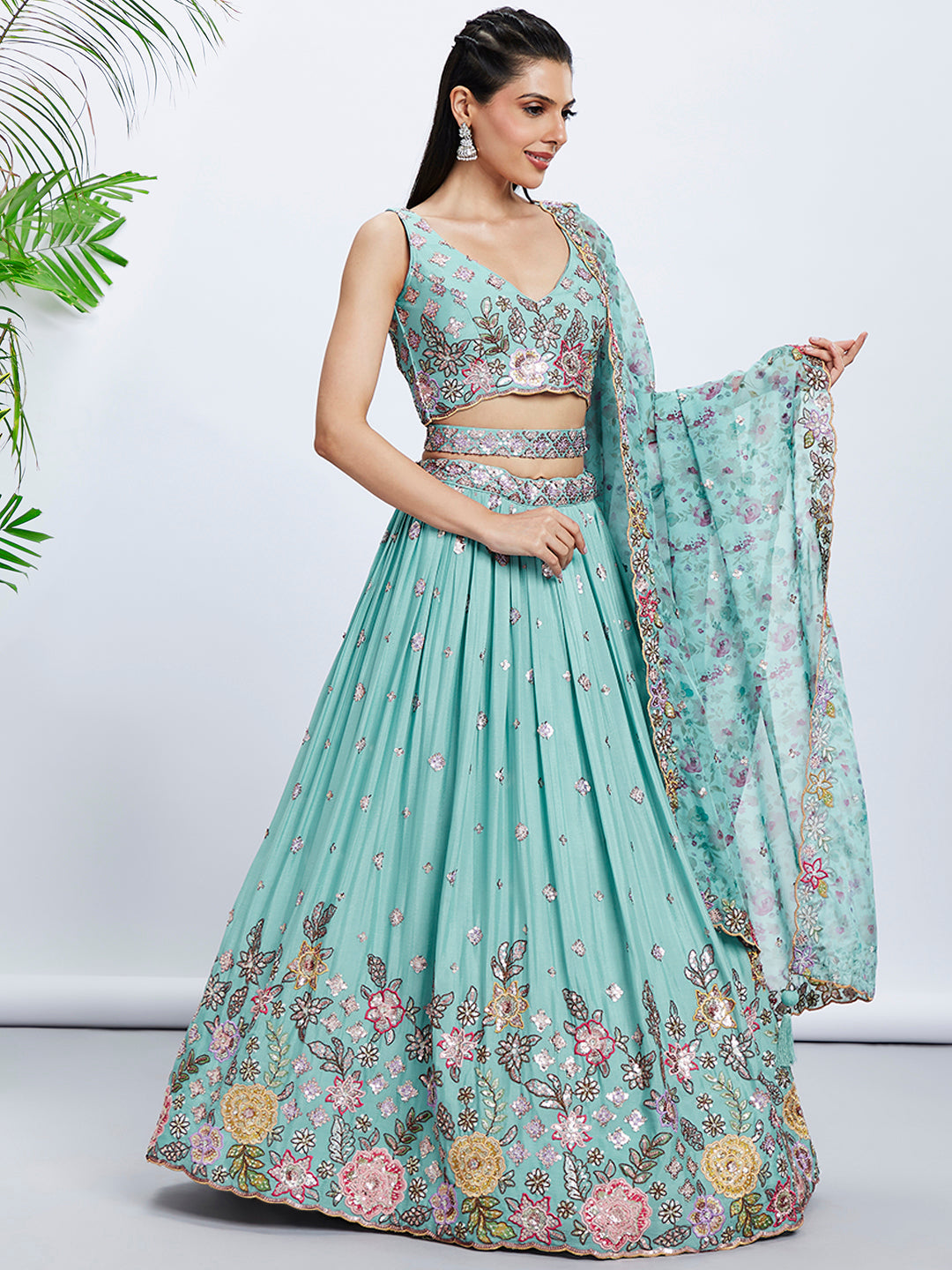 House of Panchhi Mauve Chiffon Sequins And Thread Embroidery Lehenga Choli & Dupatta - Distacart