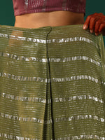Thumbnail for trueBrowns Sage Green Cotton Silver Lurex Striped Ready to Wear Saree - Distacart