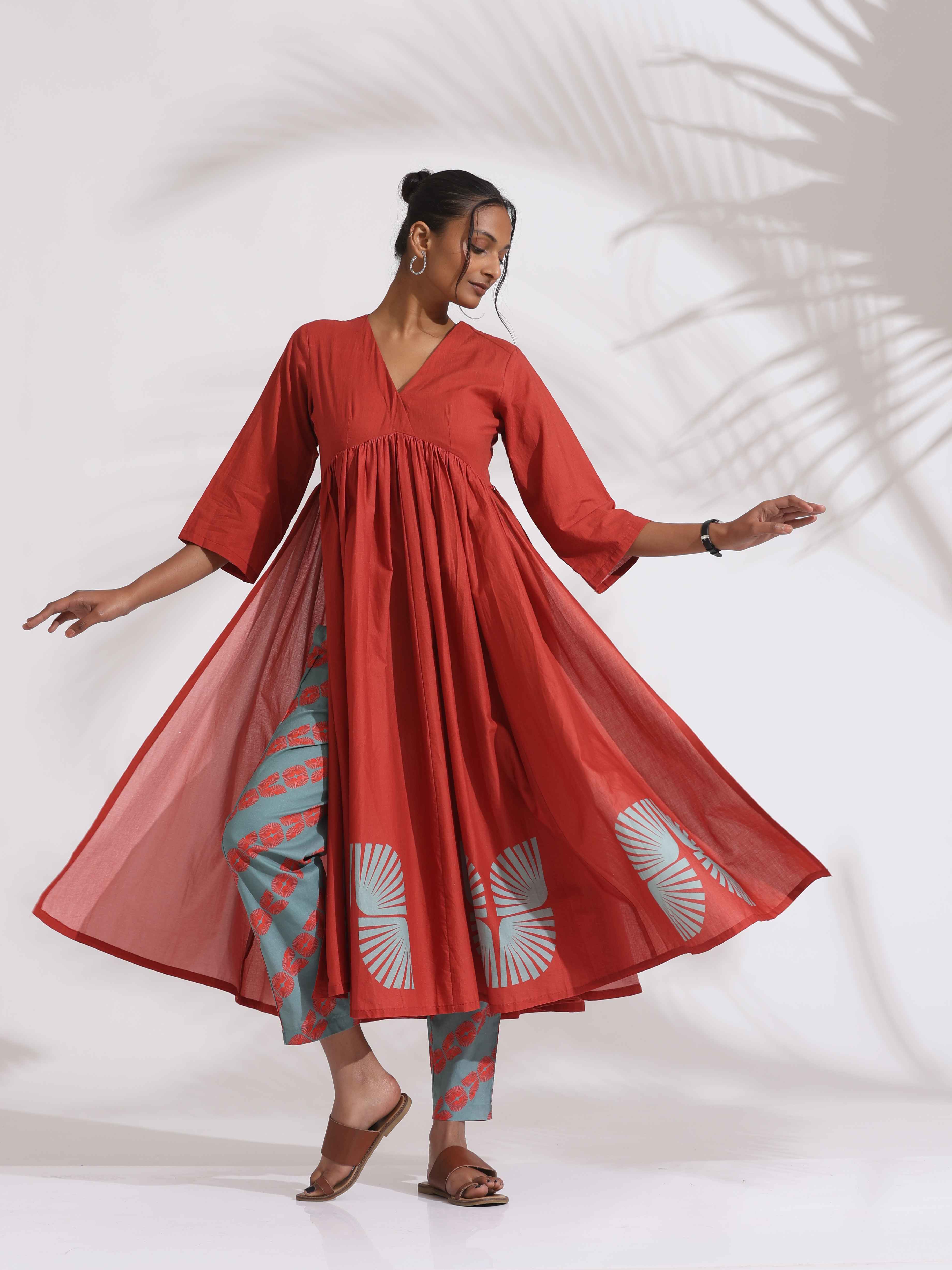 trueBrowns Red Cotton Print Flared Kurta Set