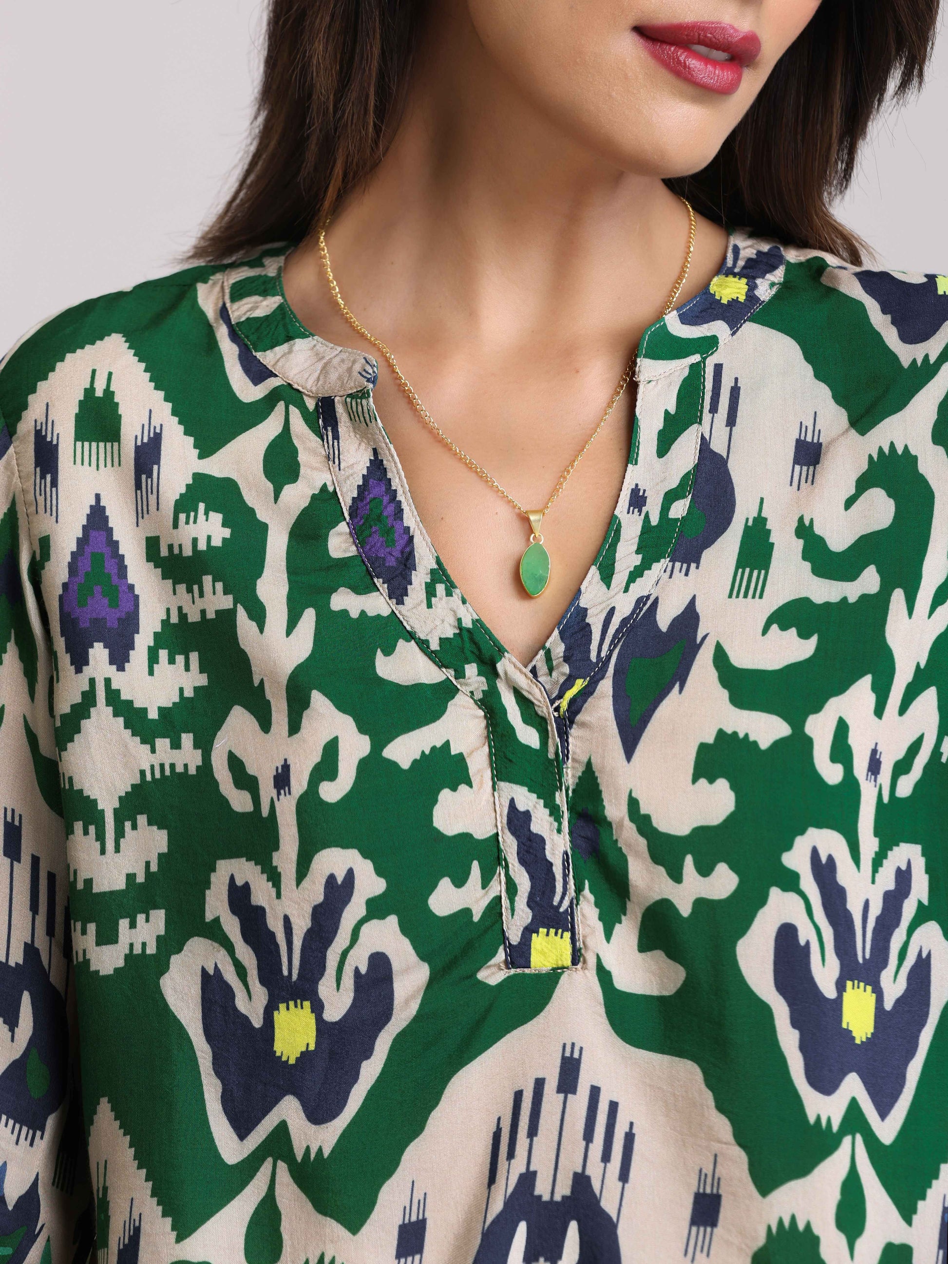 trueBrowns Green Muslin Ikat Shirt Blouse - Distacart