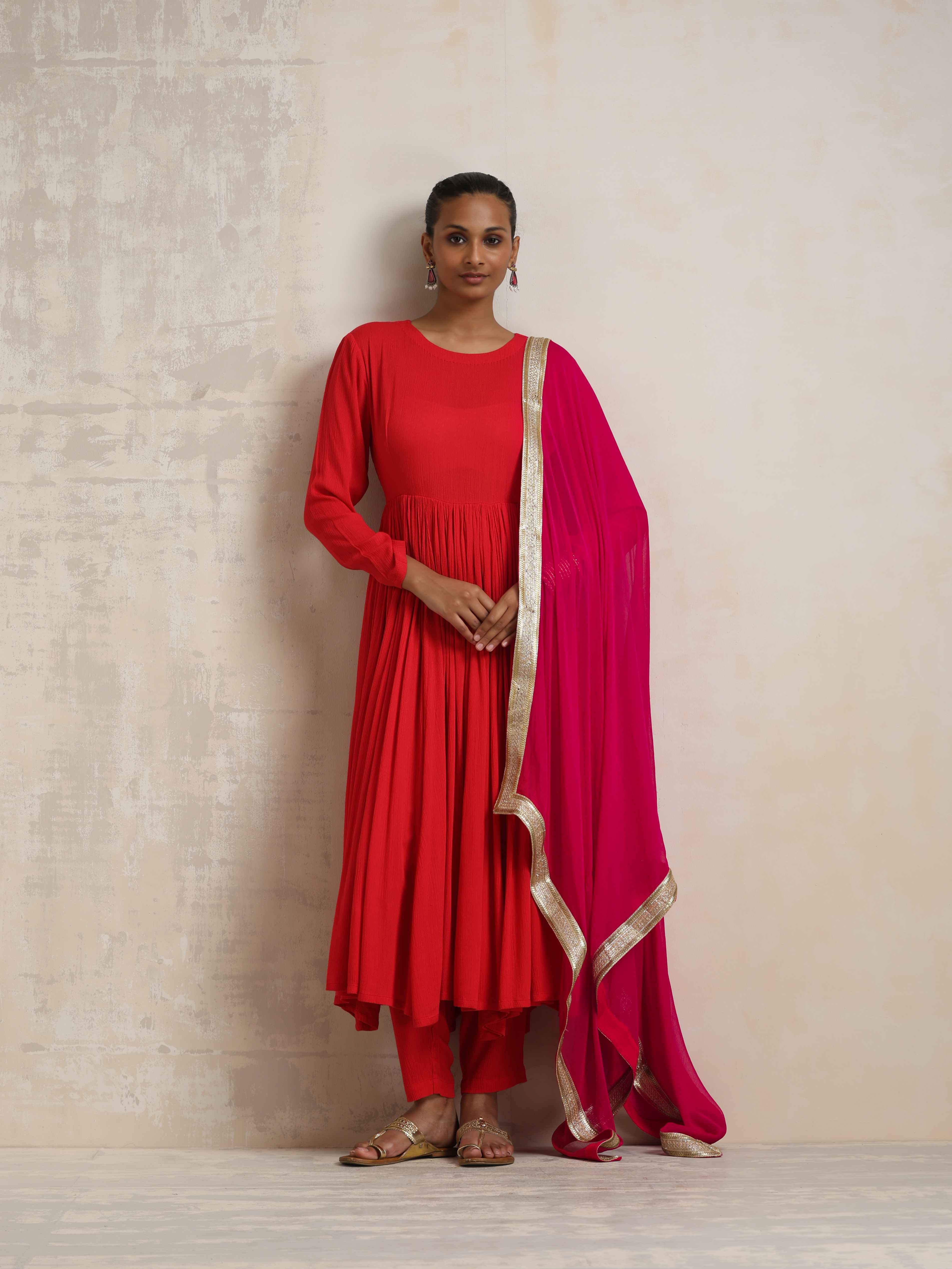 trueBrowns Red Crinkle Anarkali Kurta Pant Dupatta Set - Distacart
