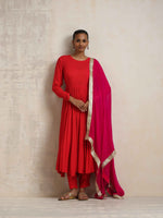 Thumbnail for trueBrowns Red Crinkle Anarkali Kurta Pant Dupatta Set - Distacart