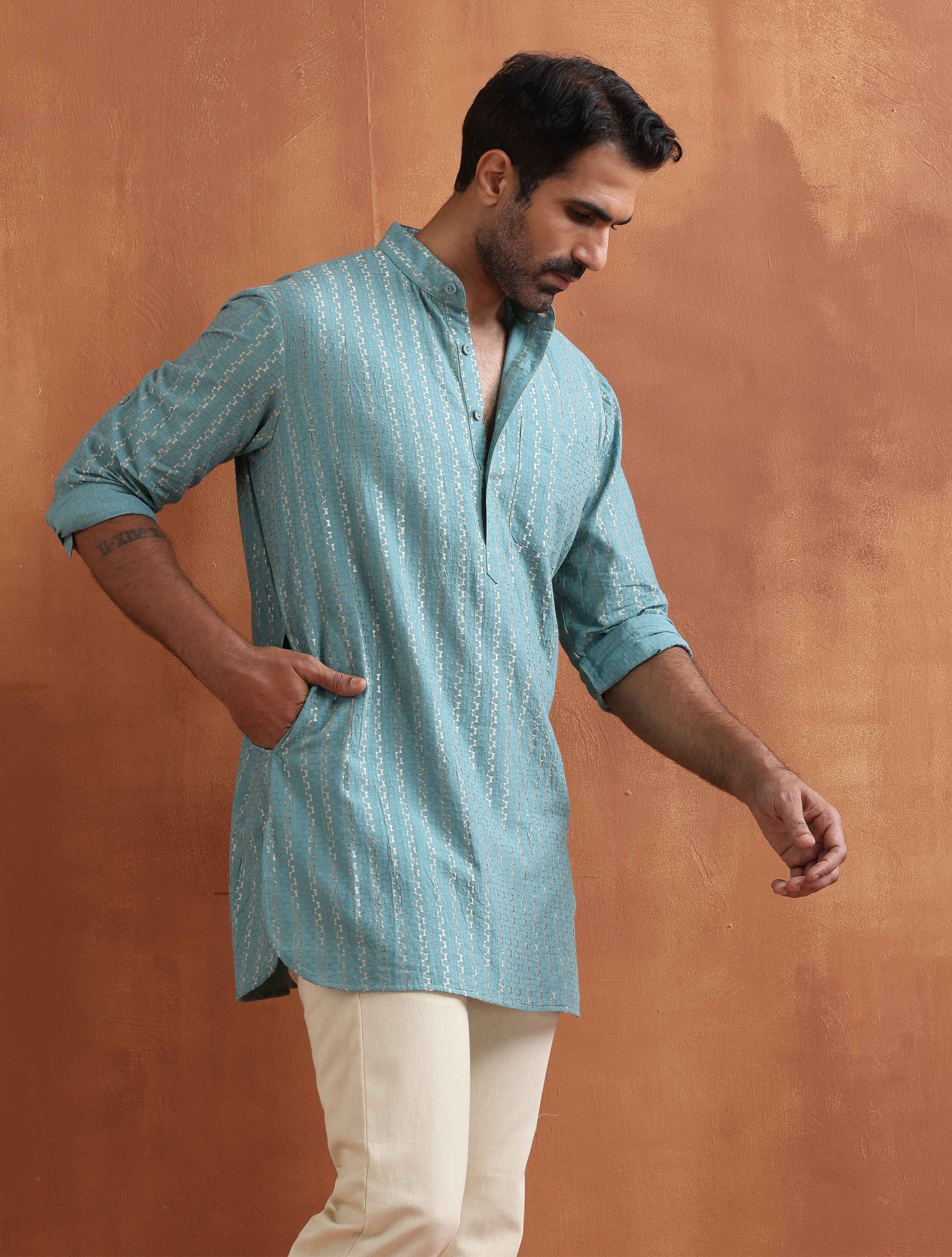 trueBrowns Men's Green Cotton Dobby Short Kurta