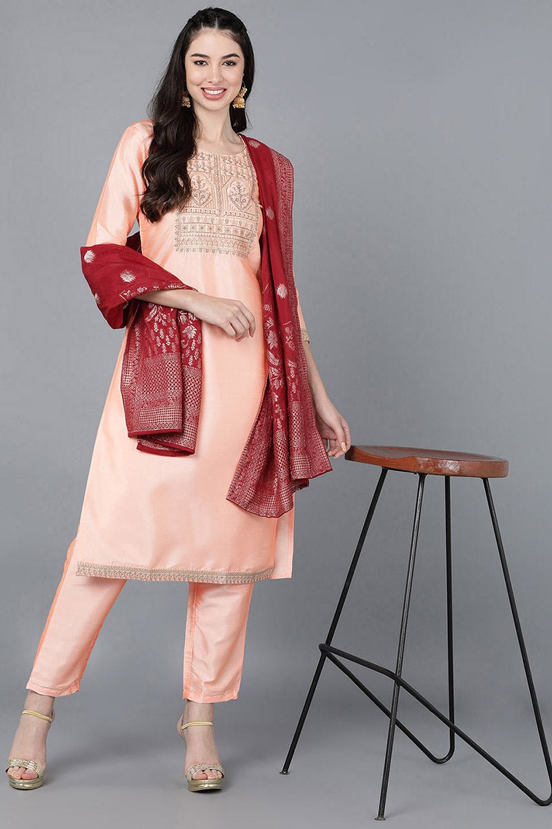 Ahika Peach Poly Silk A-Line Kurta Pant With Dupatta