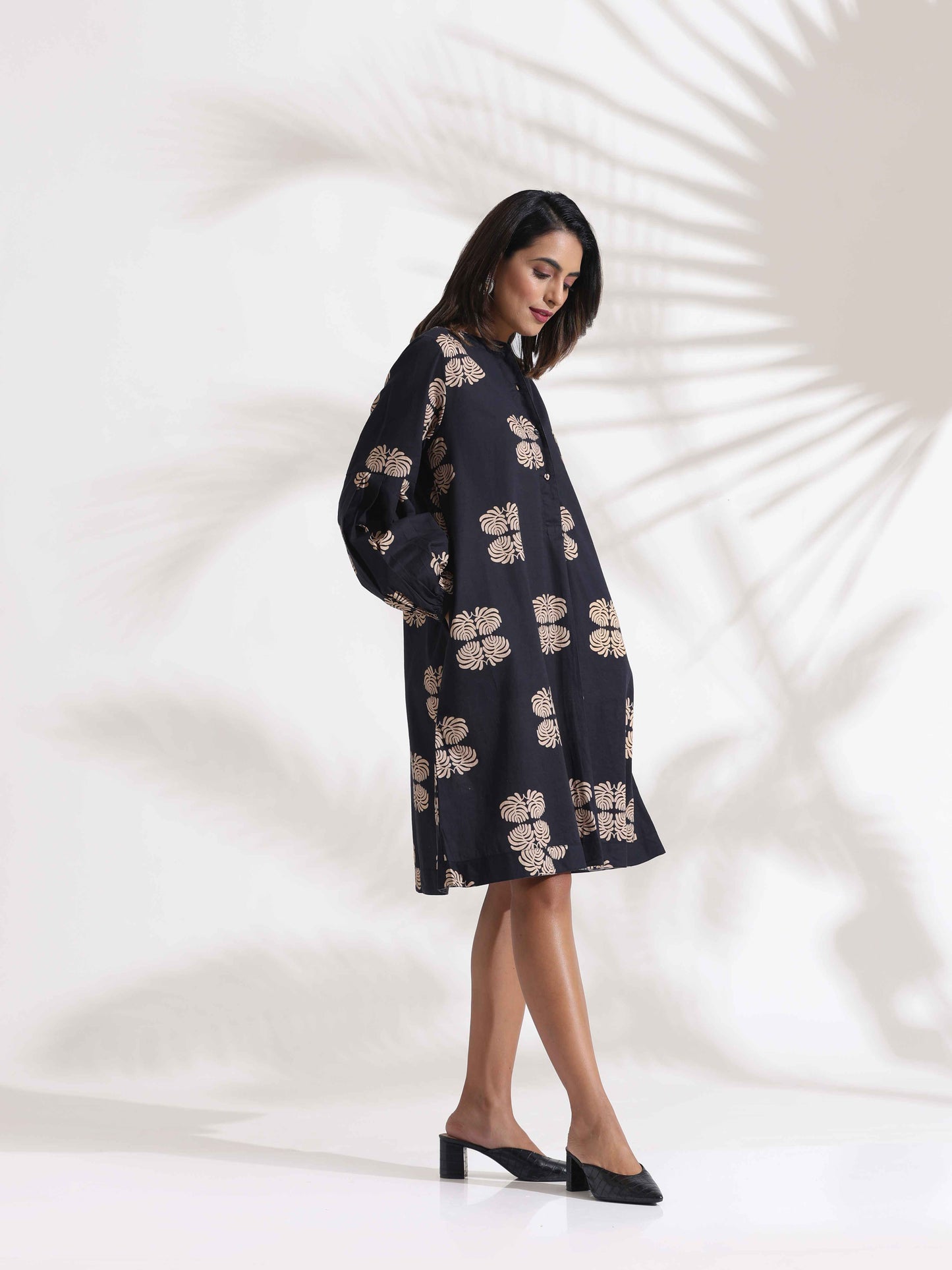 trueBrowns Black Cotton Print Short Dress - Distacart