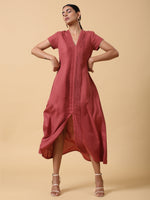 Thumbnail for trueBrowns Cotton Linen Rust Red Pleated Dress - Distacart