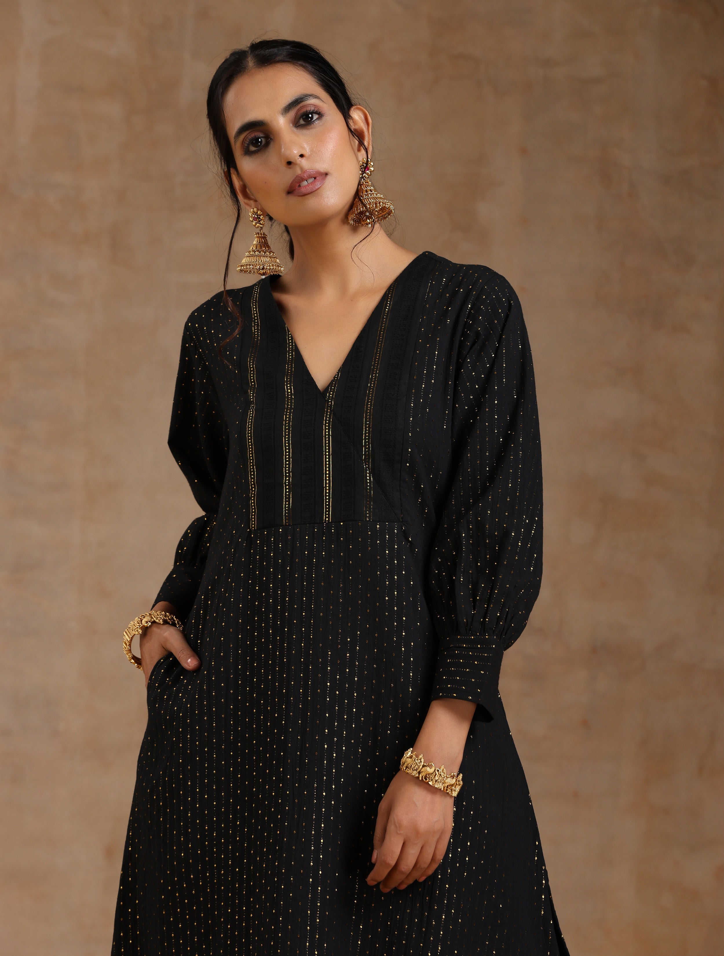 trueBrowns Black Gold Cotton Overlap Yoke Kurta Set - Distacart