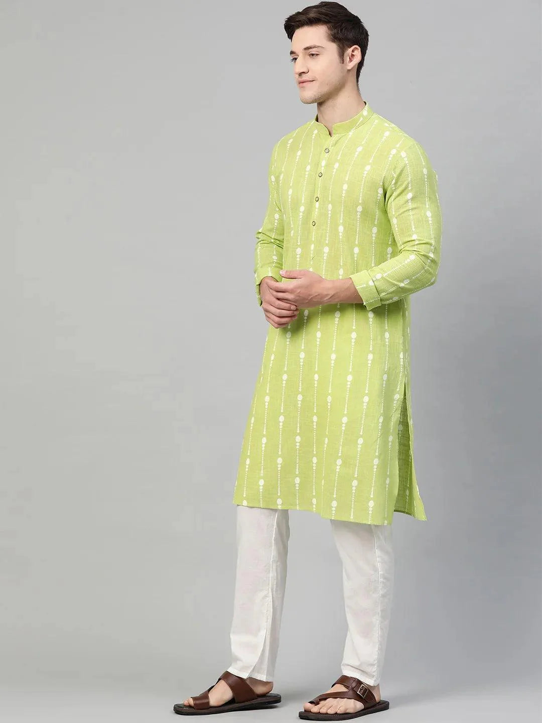 Fabmade Lime Green And White Printed Straight Kurta Pyjama