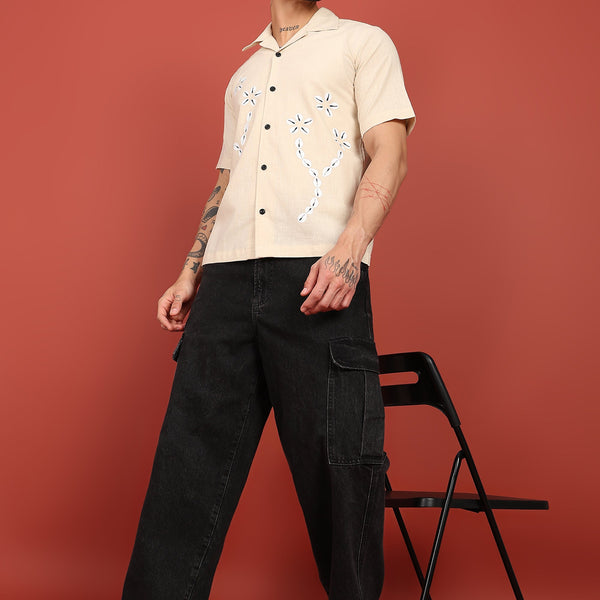 Fabmade Men’S Beige Linen Embroidered Resort Shirt - Distacart