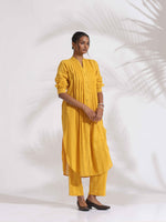 Thumbnail for trueBrowns Yellow Cotton Pleated Shirt Kurta Set