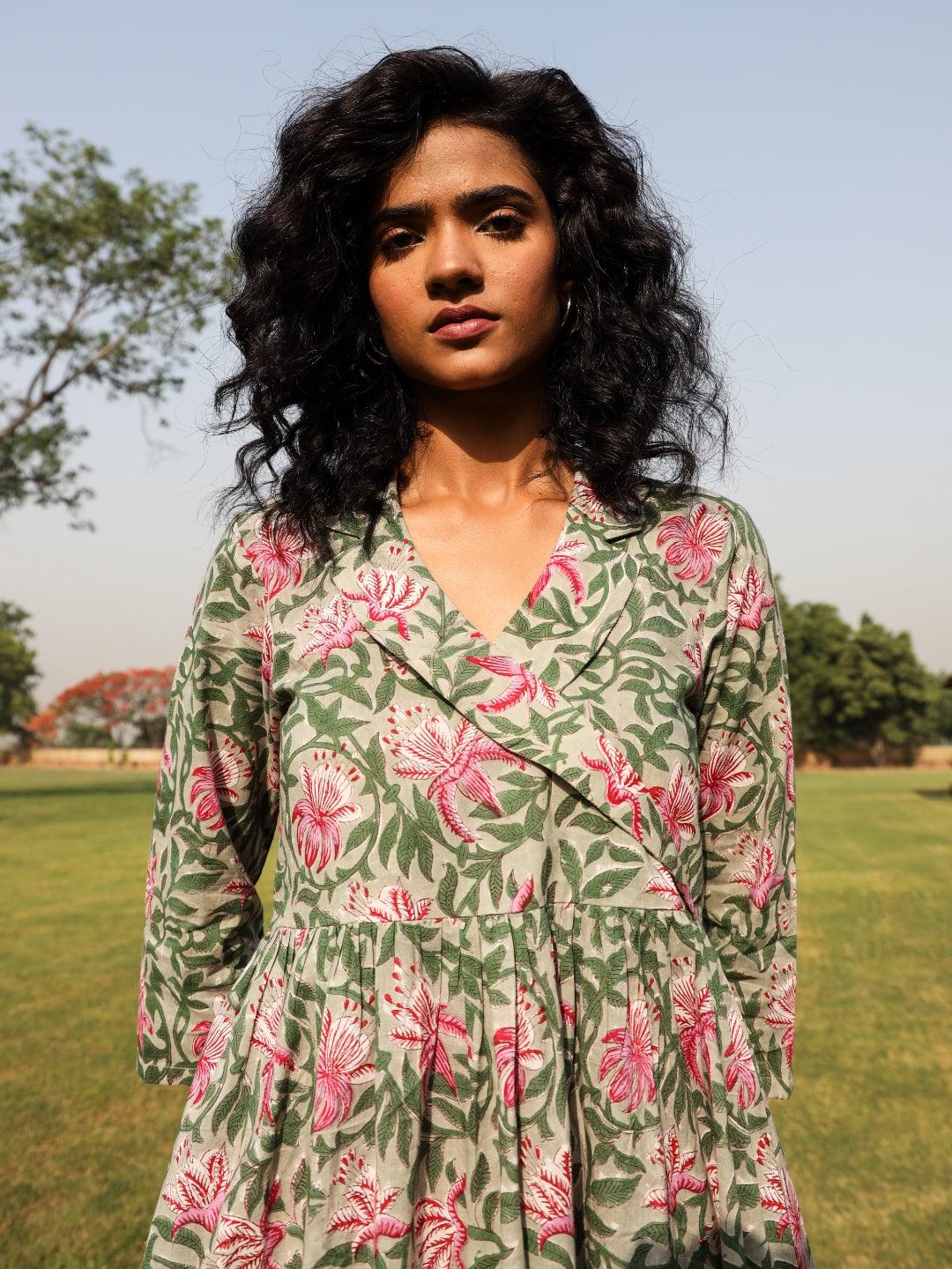 trueBrowns Sage Cotton Block Print Lapel Collared Dress - Distacart
