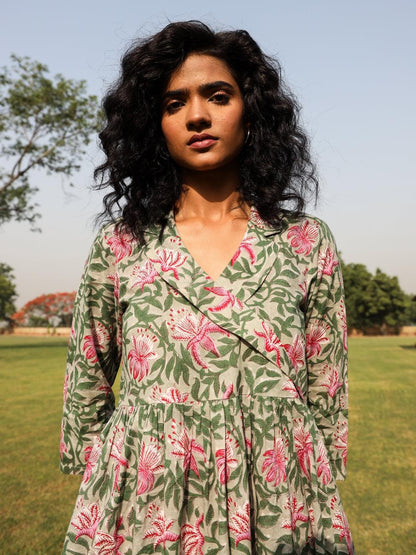 trueBrowns Sage Cotton Block Print Lapel Collared Dress - Distacart