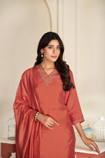 Thumbnail for BulBul Mira Rust Silk Kurta Set with Dupatta