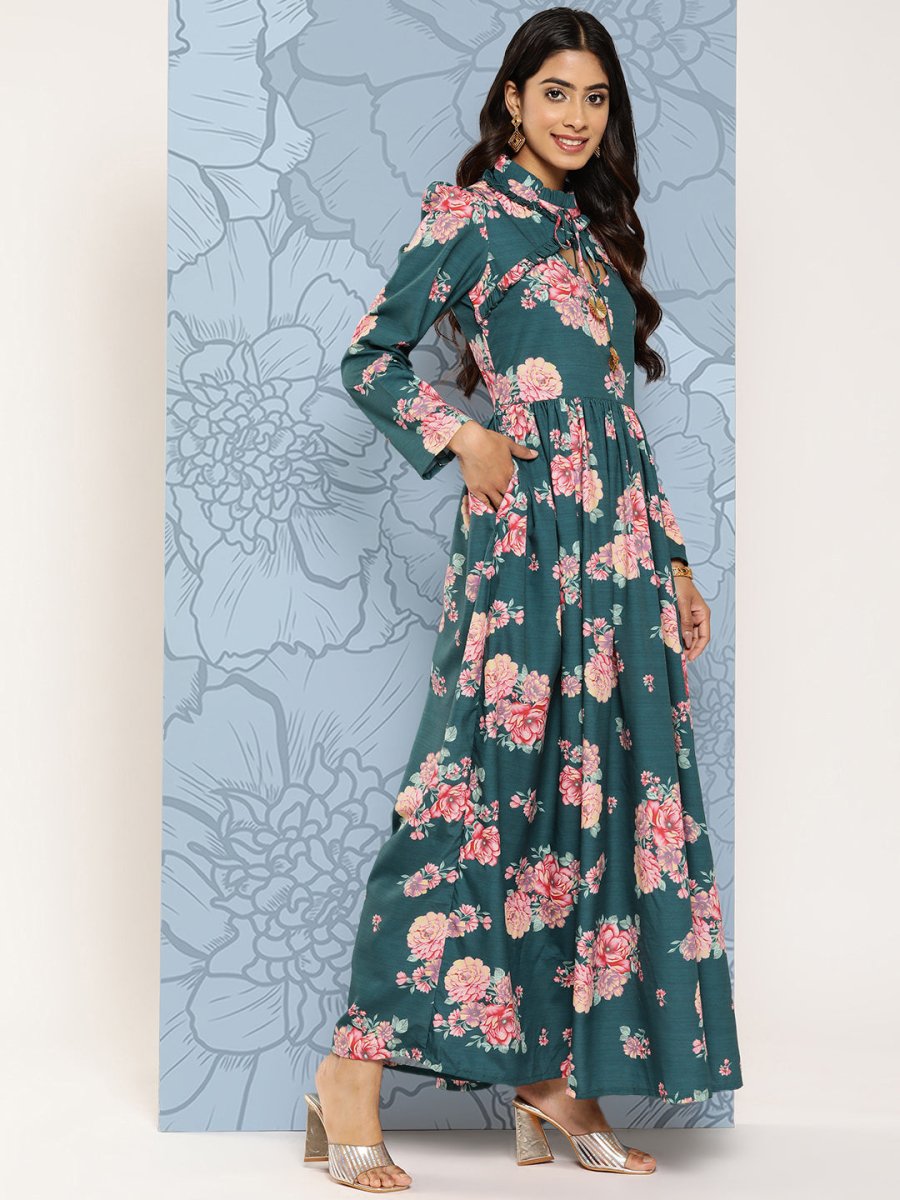 Ahalyaa Floral Print Puff Sleeves Tie-Up Neck Crepe Ethnic Gown With Cut-Out Detail - Distacart