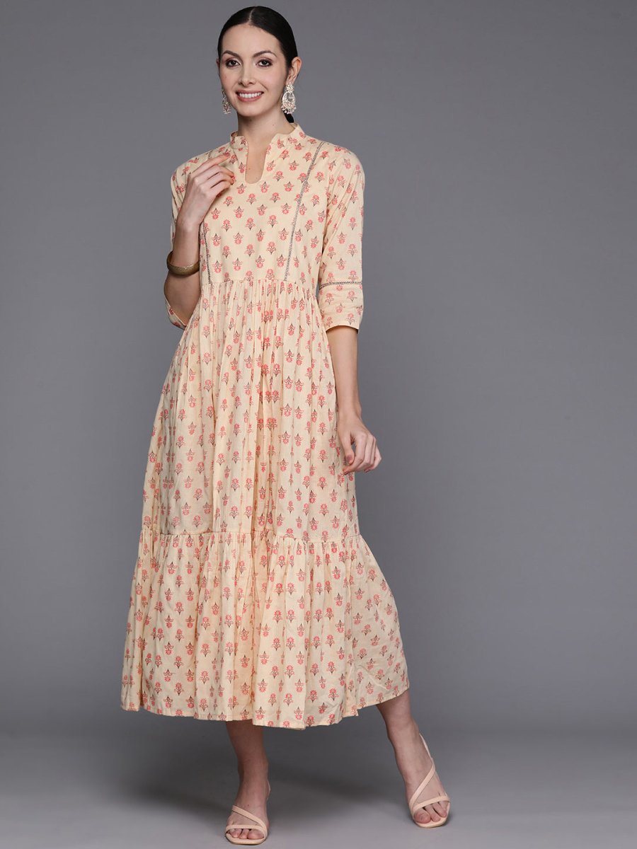 Ahalyaa Floral Print Mandarin Collar Tiered Midi Pure Cotton Ethnic Dress - Distacart