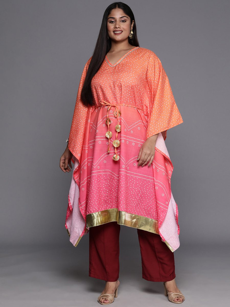 Ahalyaa Plus Size Bandhani Printed Flared Sleeves Gotta Patti Kaftan Kurta - Distacart