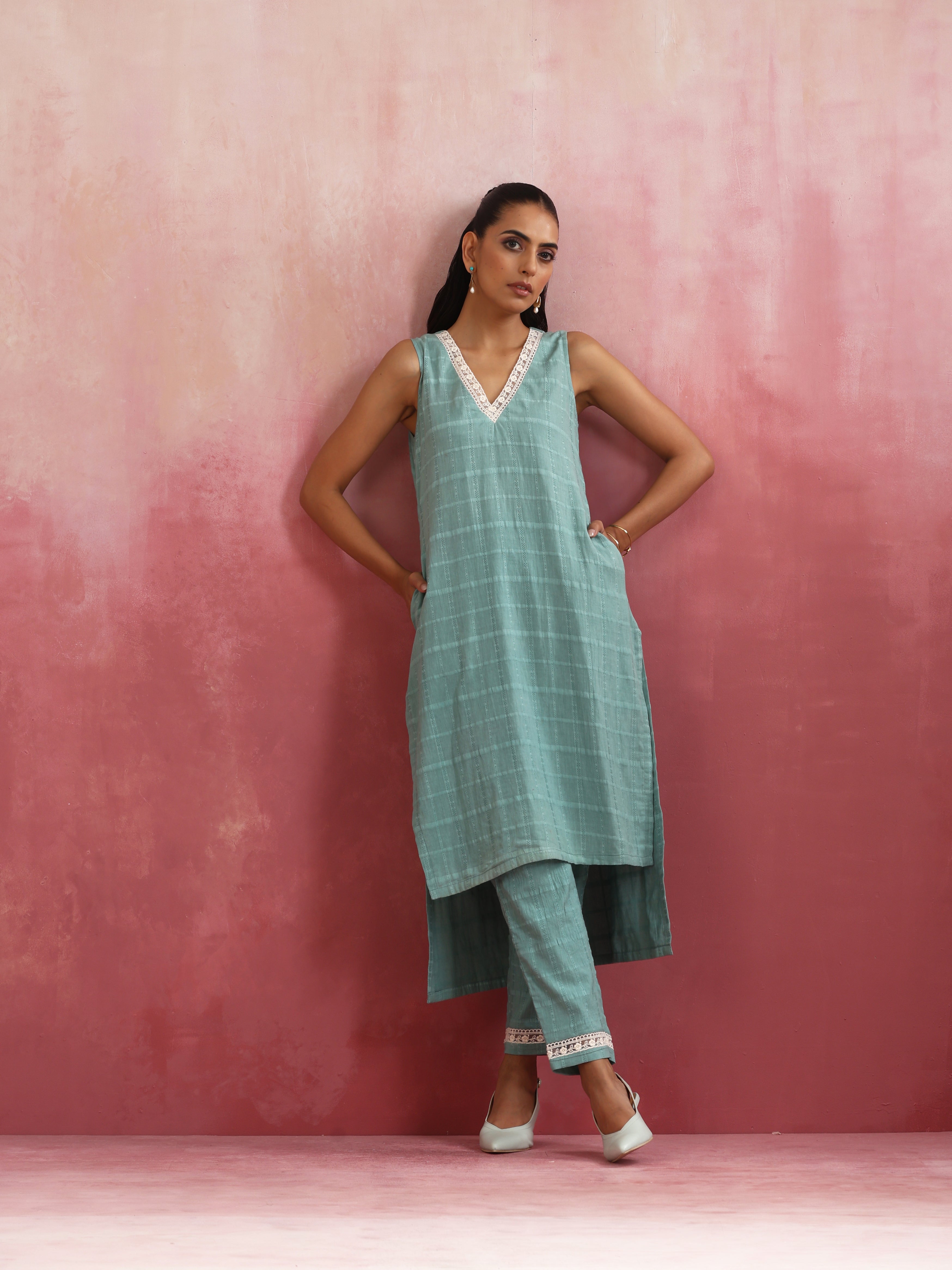 trueBrowns Aqua Blue Cotton Dobby High low Kurta Set - Distacart