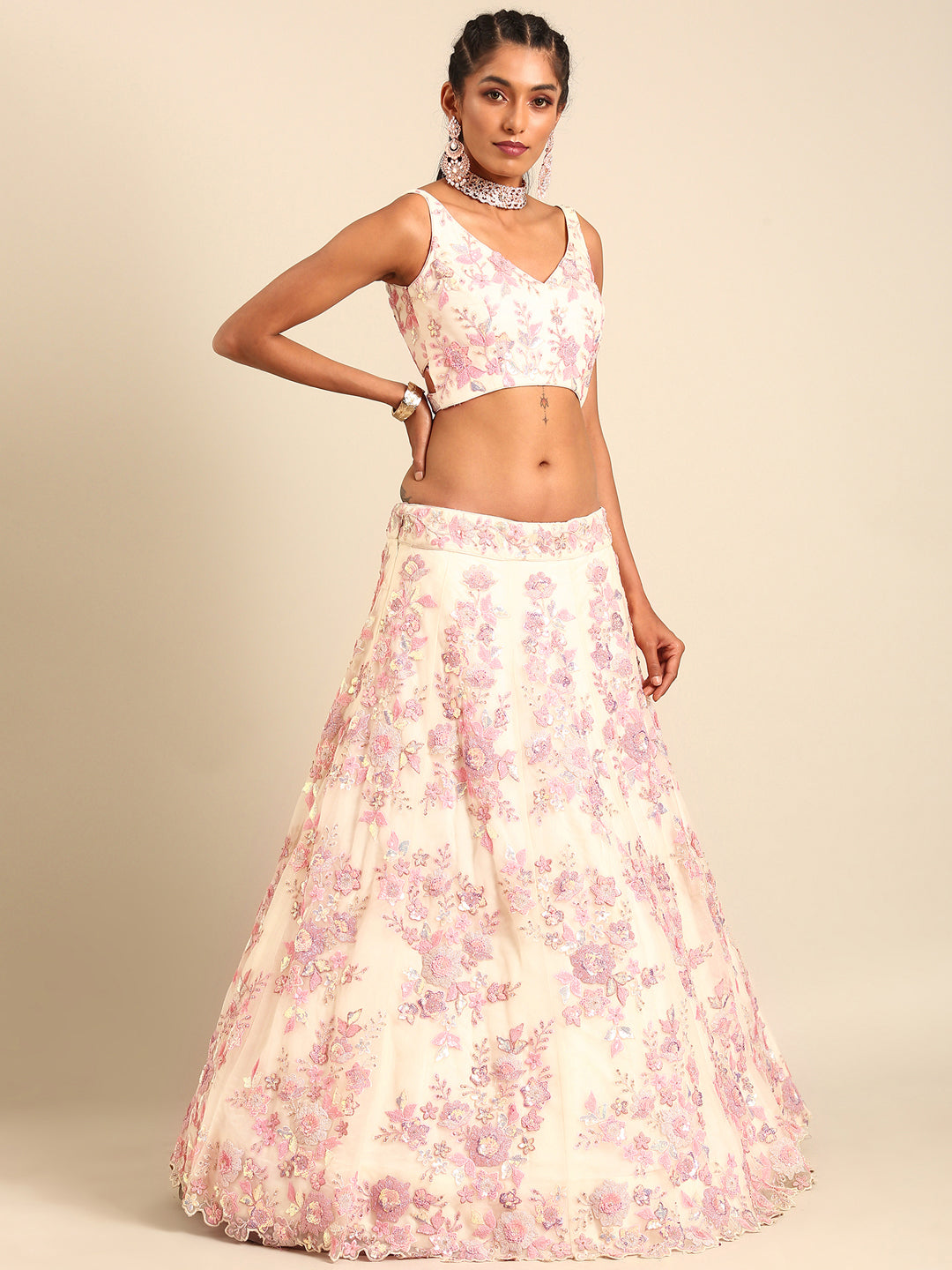 House of Panchhi Cream Net Sequins with heavy Zarkan embroidery Lehenga choli & Dupatta - Distacart