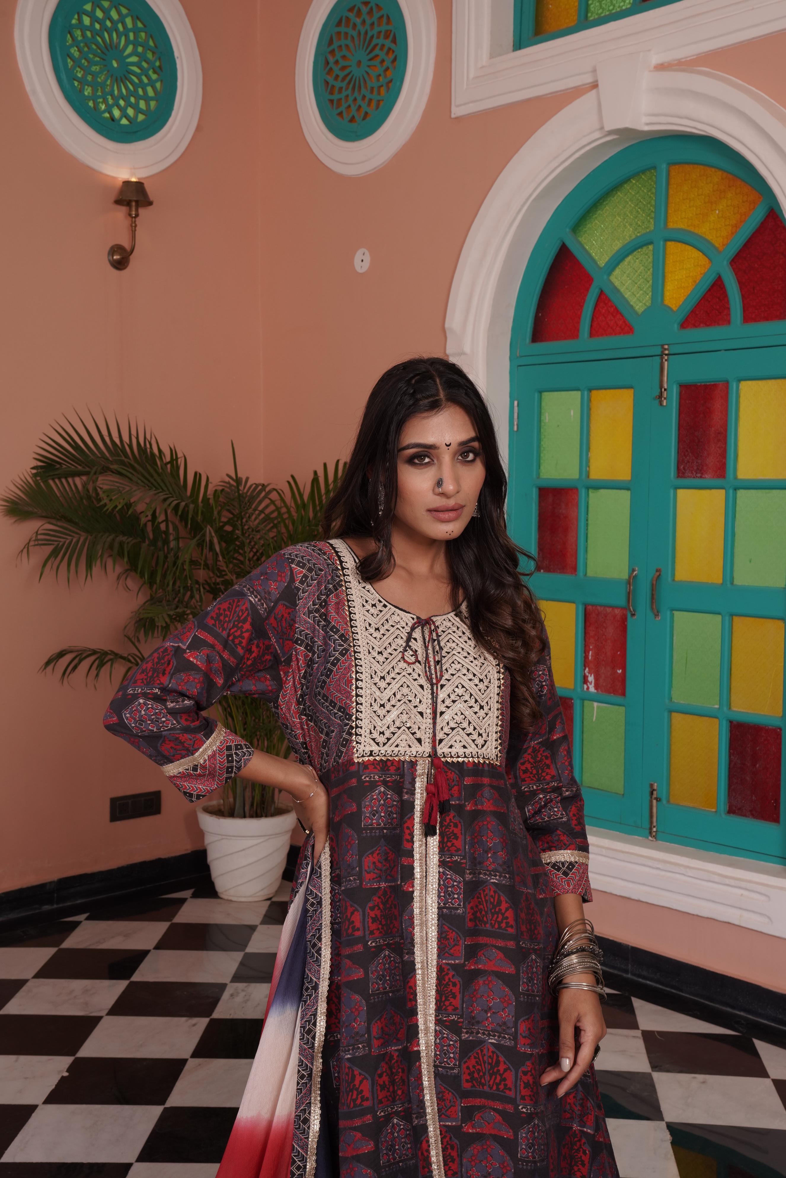 BulBul Sarita Chanderi Red Kurta Set with Dupatta