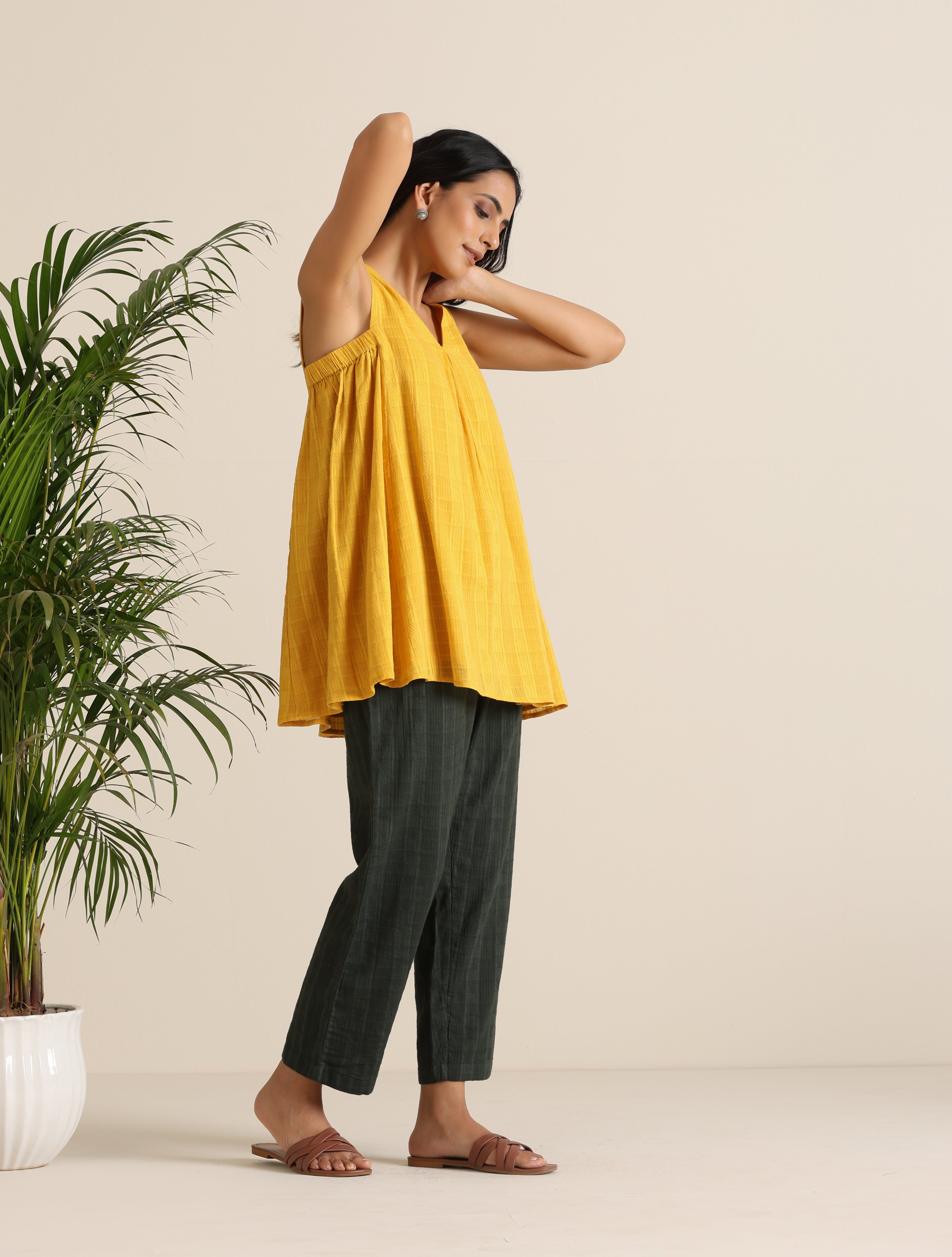trueBrowns Mustard Cotton Dobby Sleeveless Co-ord Set