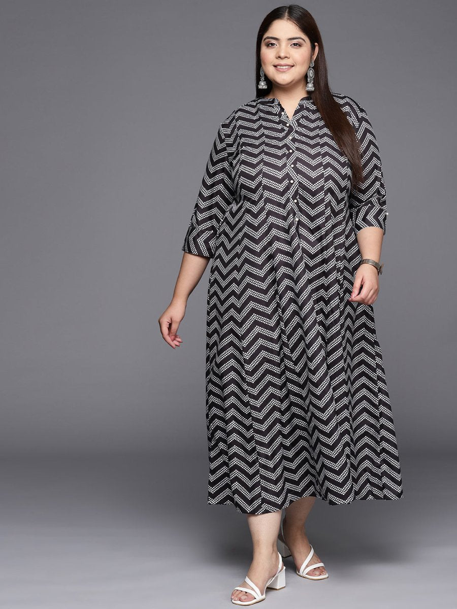 Ahalyaa Plus Size Chevron Print Crepe Mandarin Collar A-line Midi Ethnic Dress - Distacart