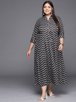Thumbnail for Ahalyaa Plus Size Chevron Print Crepe Mandarin Collar A-line Midi Ethnic Dress - Distacart