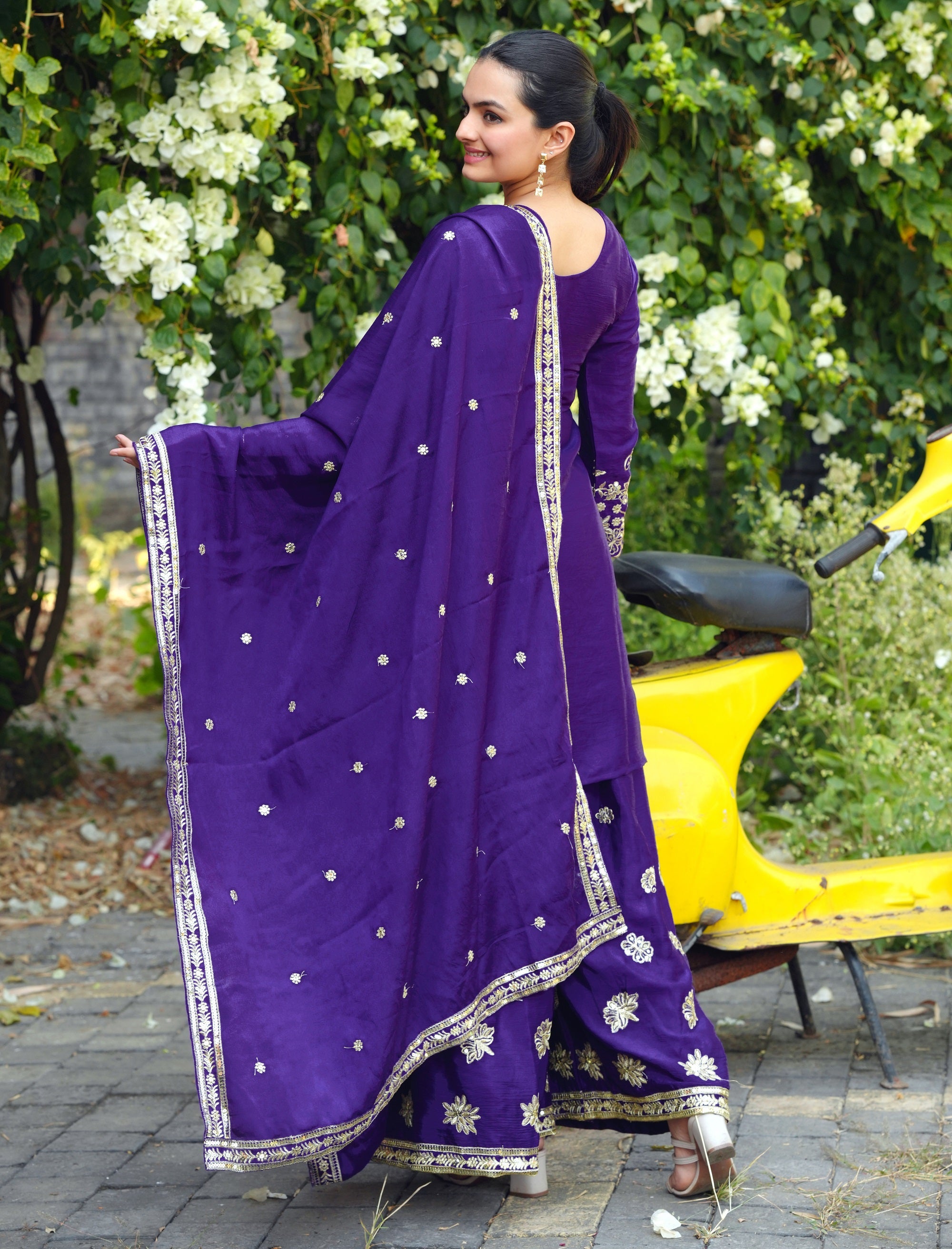 Yash Enterprise Blue Chinon Silk Party Wear Embroidery Sharara Suit Set - Dista