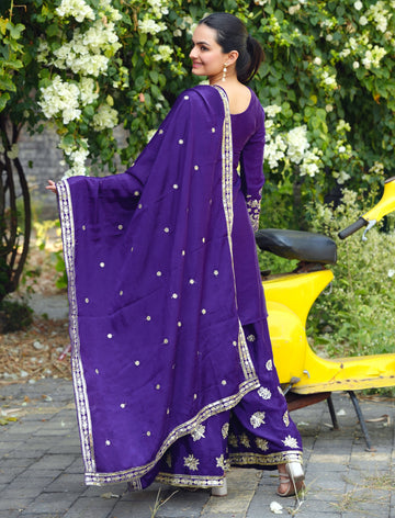 Yash Enterprise Blue Chinon Silk Party Wear Embroidery Sharara Suit Set - Dista