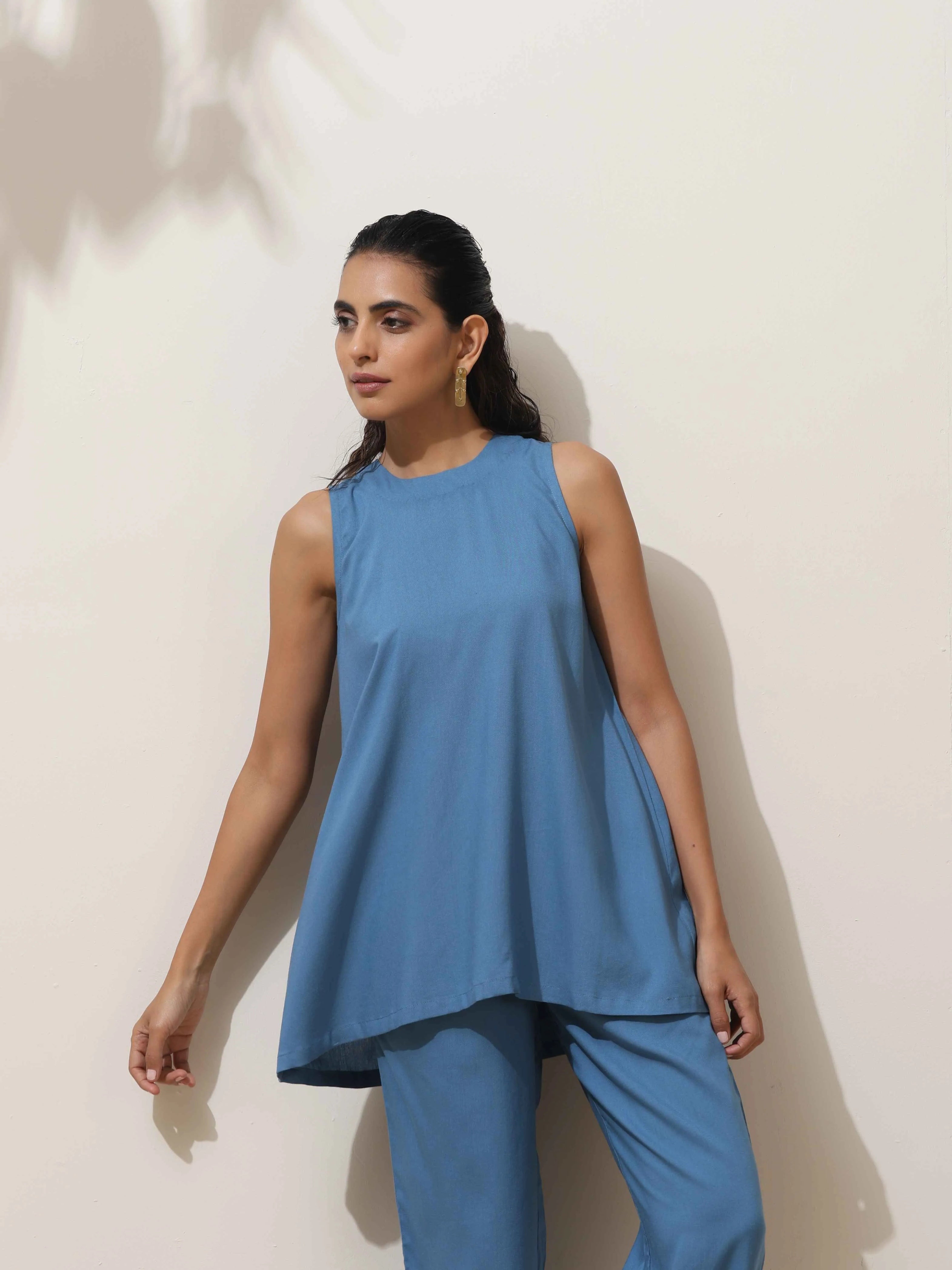 trueBrowns Blue Viscose Solid Co-ord Set