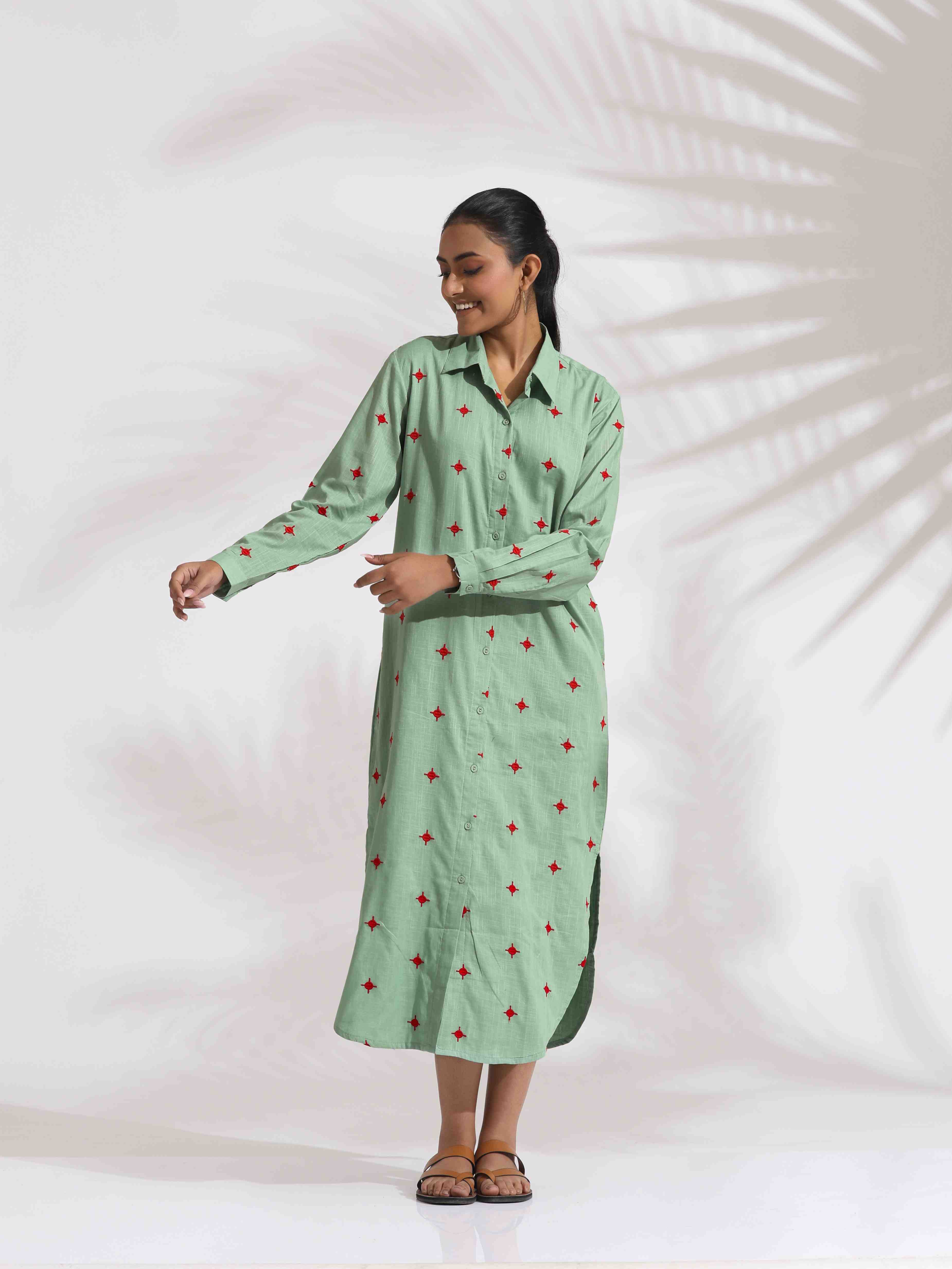 trueBrowns Green Cotton Embroidered Shirt Dress - Distacart