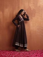 Thumbnail for trueBrowns Brown Metallic Flared Anarkali Kurta Set