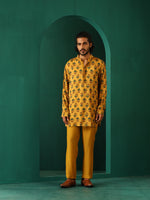 Thumbnail for trueBrowns Men's Mustard Flower Stem Muslin Silk Printed Co-ord Set - Distacart