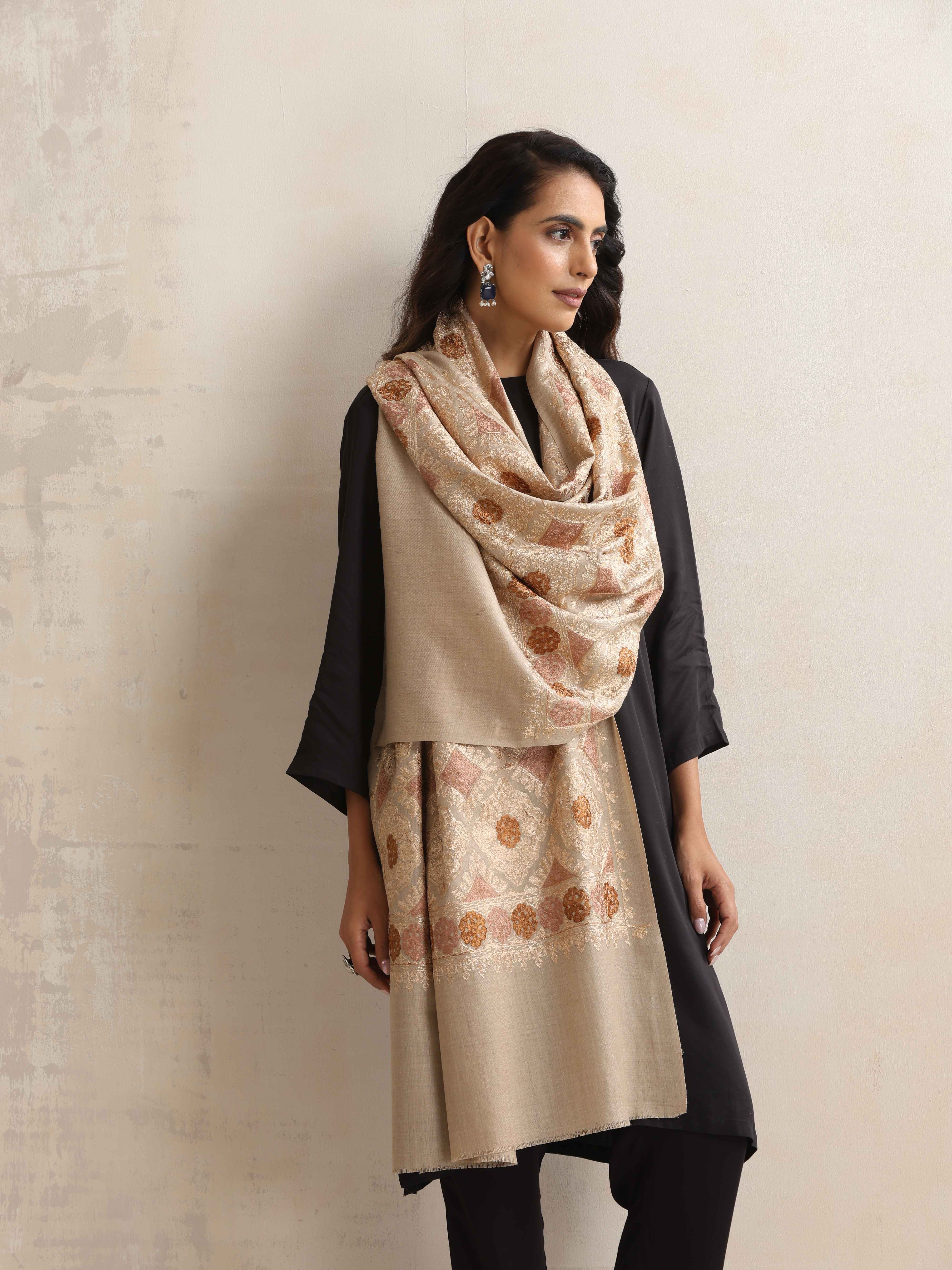 trueBrowns Beige Geometric Embroidered Woollen Stole