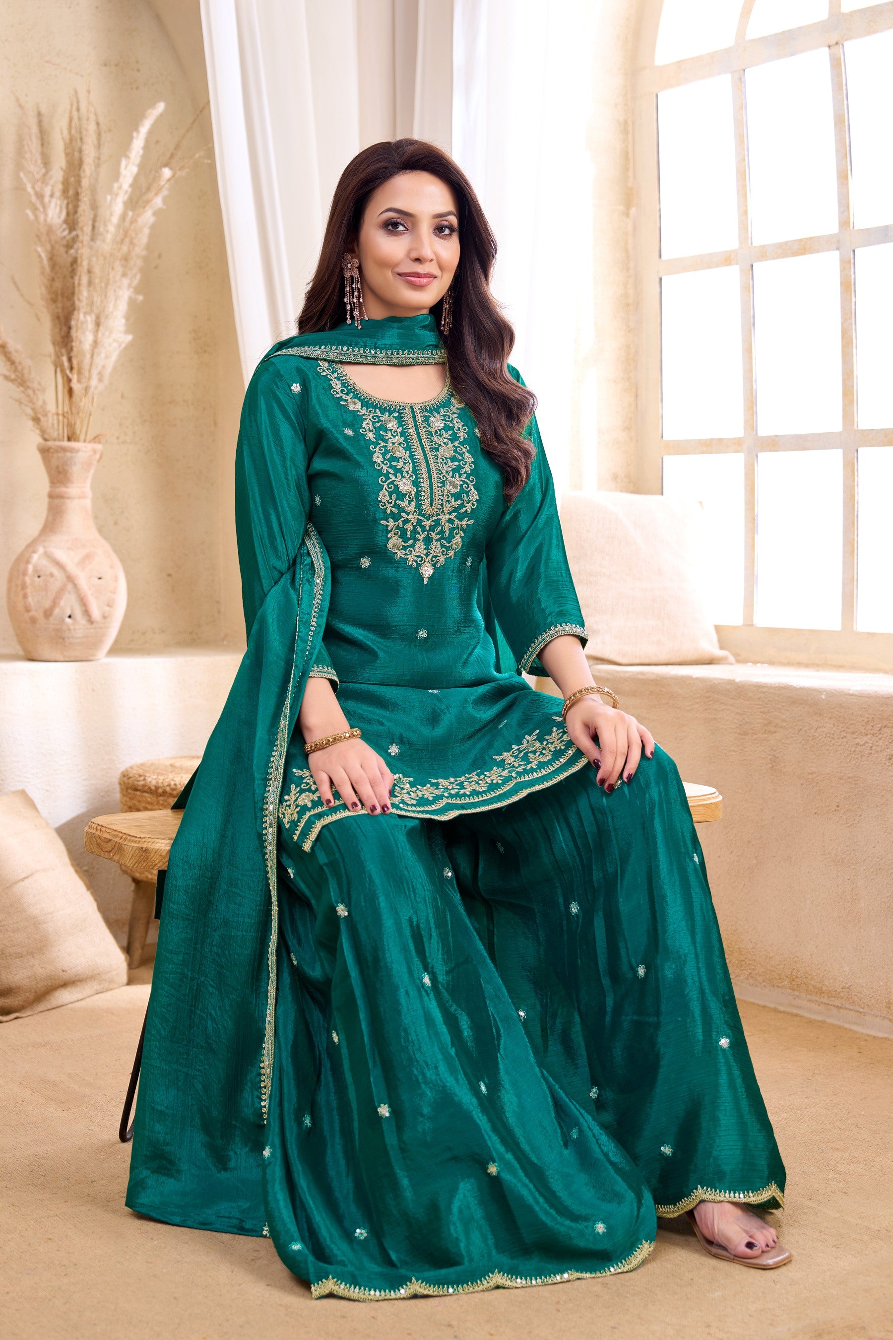 Anaita Teal Chiffon Readymade Suit with Coding Work - Dista