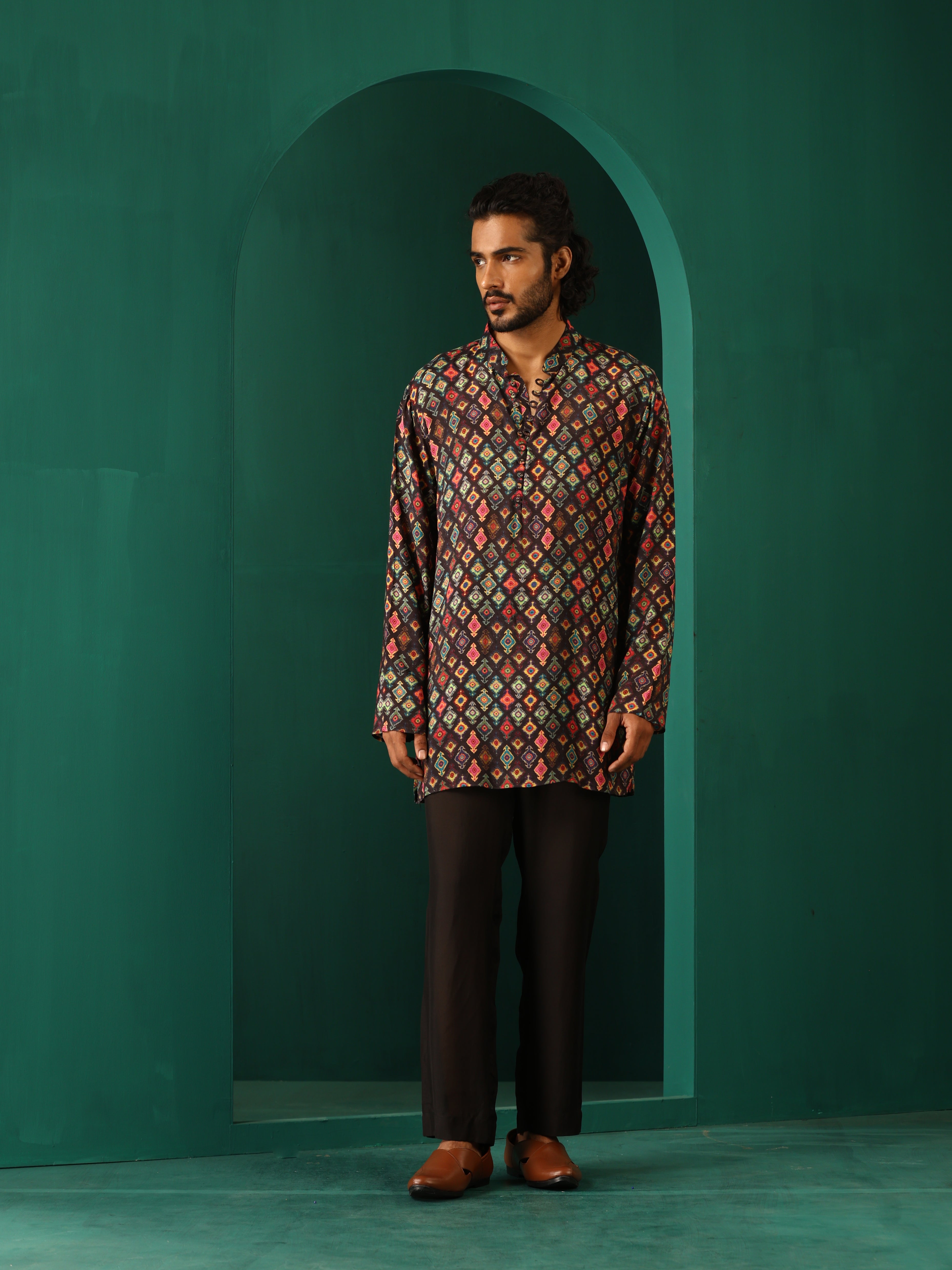 trueBrowns Men's Black Ikat Muslin Silk Printed Co-ord Set - Distacart