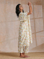 Thumbnail for trueBrowns Pink Yellow Floral On White Block Print Cotton Panel Kaftan Kurta Pant Set - Distacart