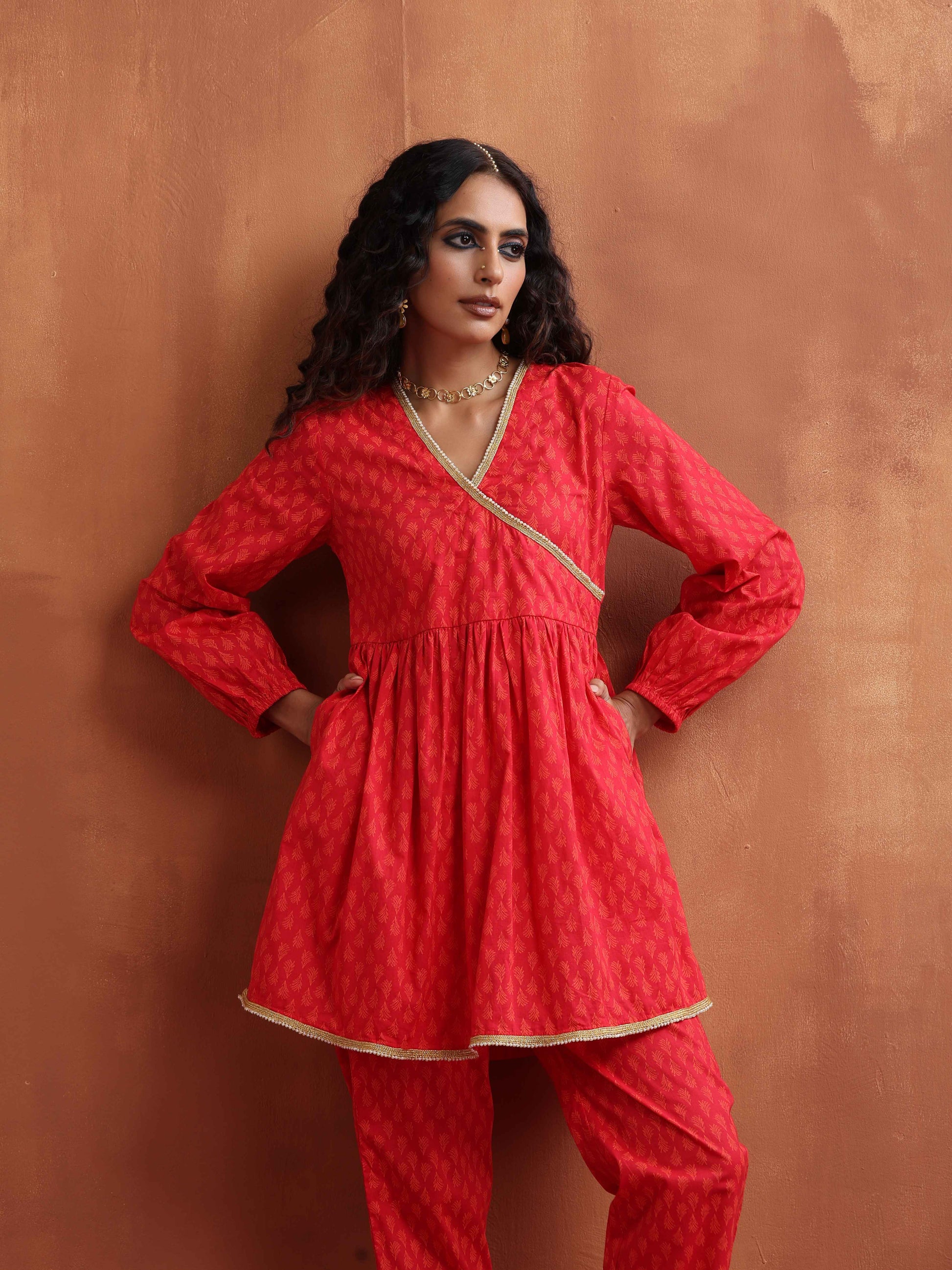 trueBrowns Red Print Angrakha Co-ord Set - Distacart