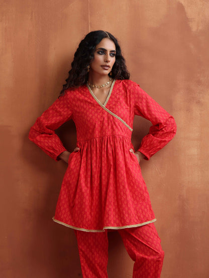 trueBrowns Red Print Angrakha Co-ord Set - Distacart