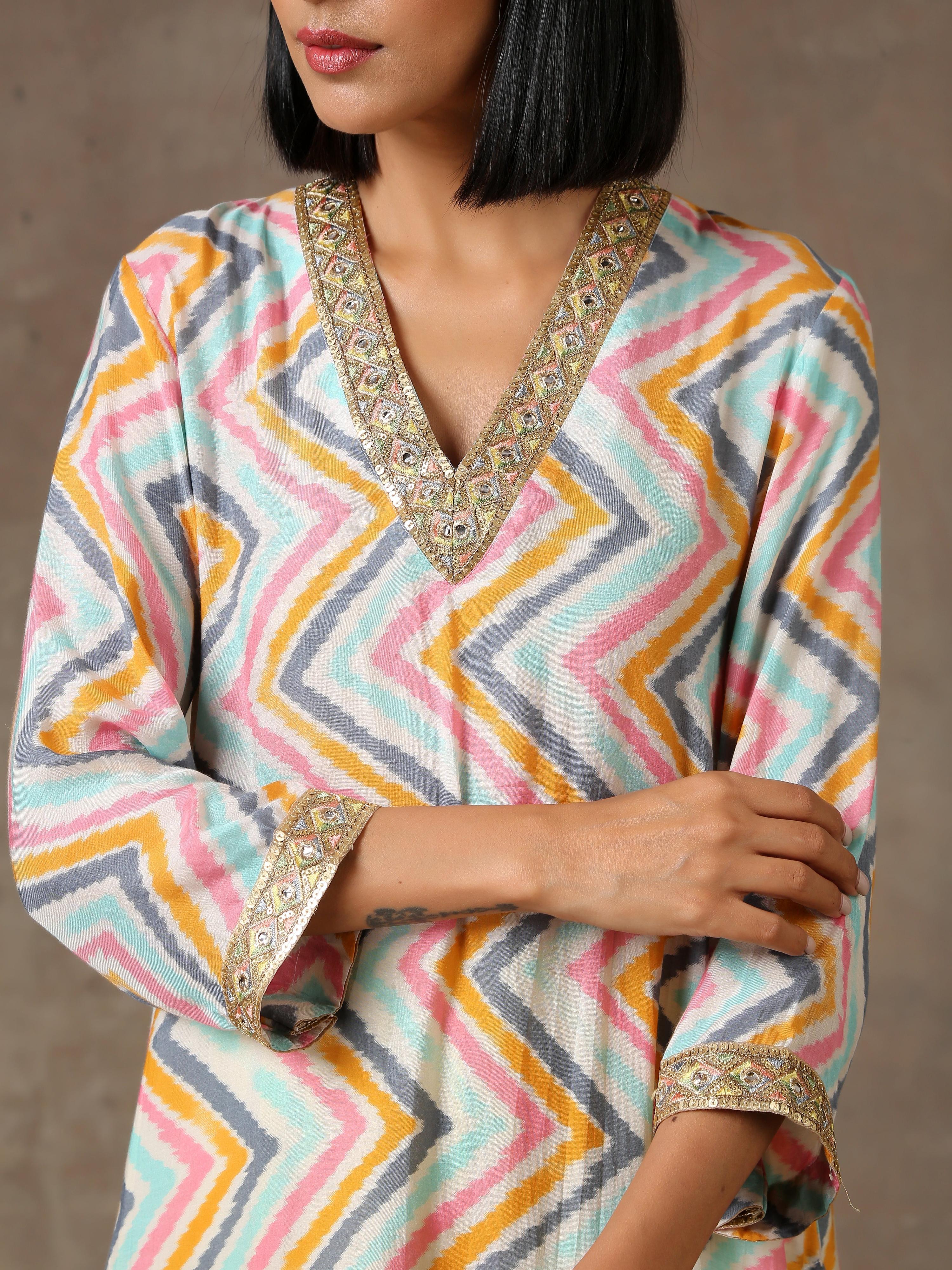 trueBrowns Multicolour Lehariya Printed Silk Kurta Pant Set - Distacart