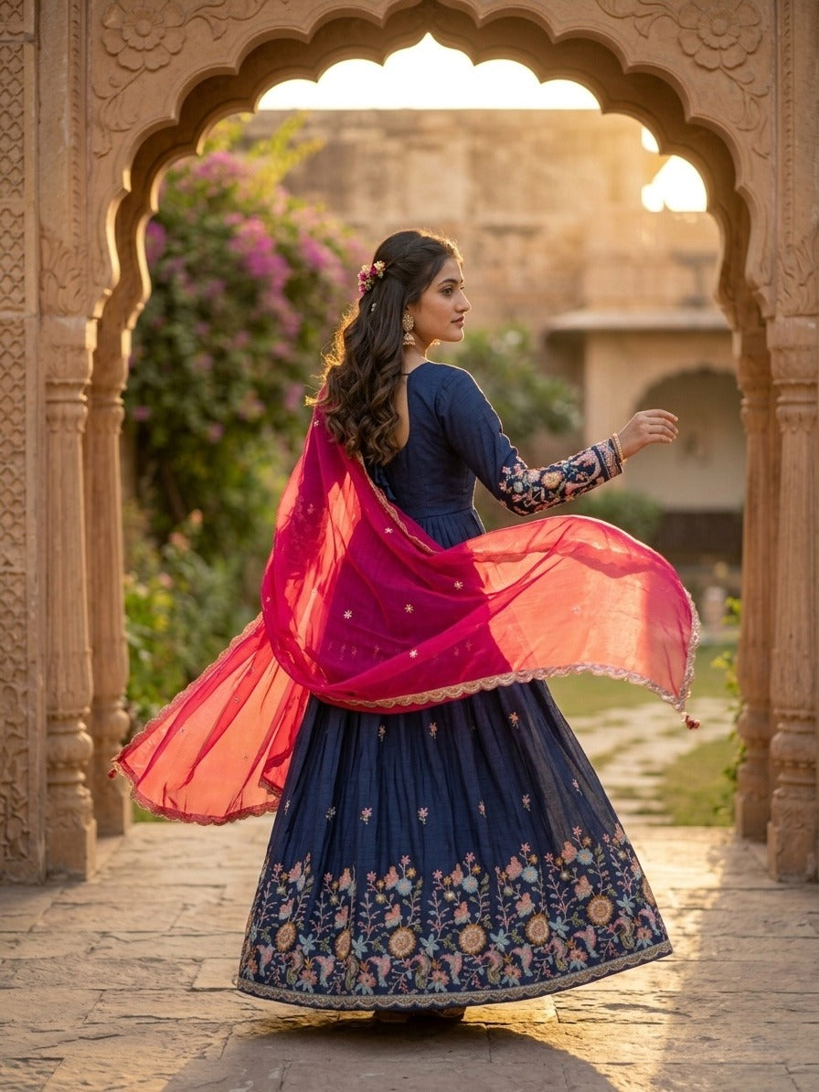 Anaita Navy Silk Readymade Anarkali Suit with Thread Embroidery & Sequence Work - Dista