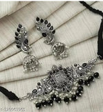 Thumbnail for Tehzeeb Creations Women's Oxidised Necklace And Earring With Black Beads And Pearl - Distacart