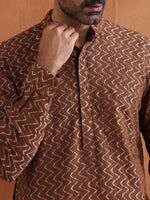 Thumbnail for trueBrowns Men's Brown Cotton Dobby Short Kurta