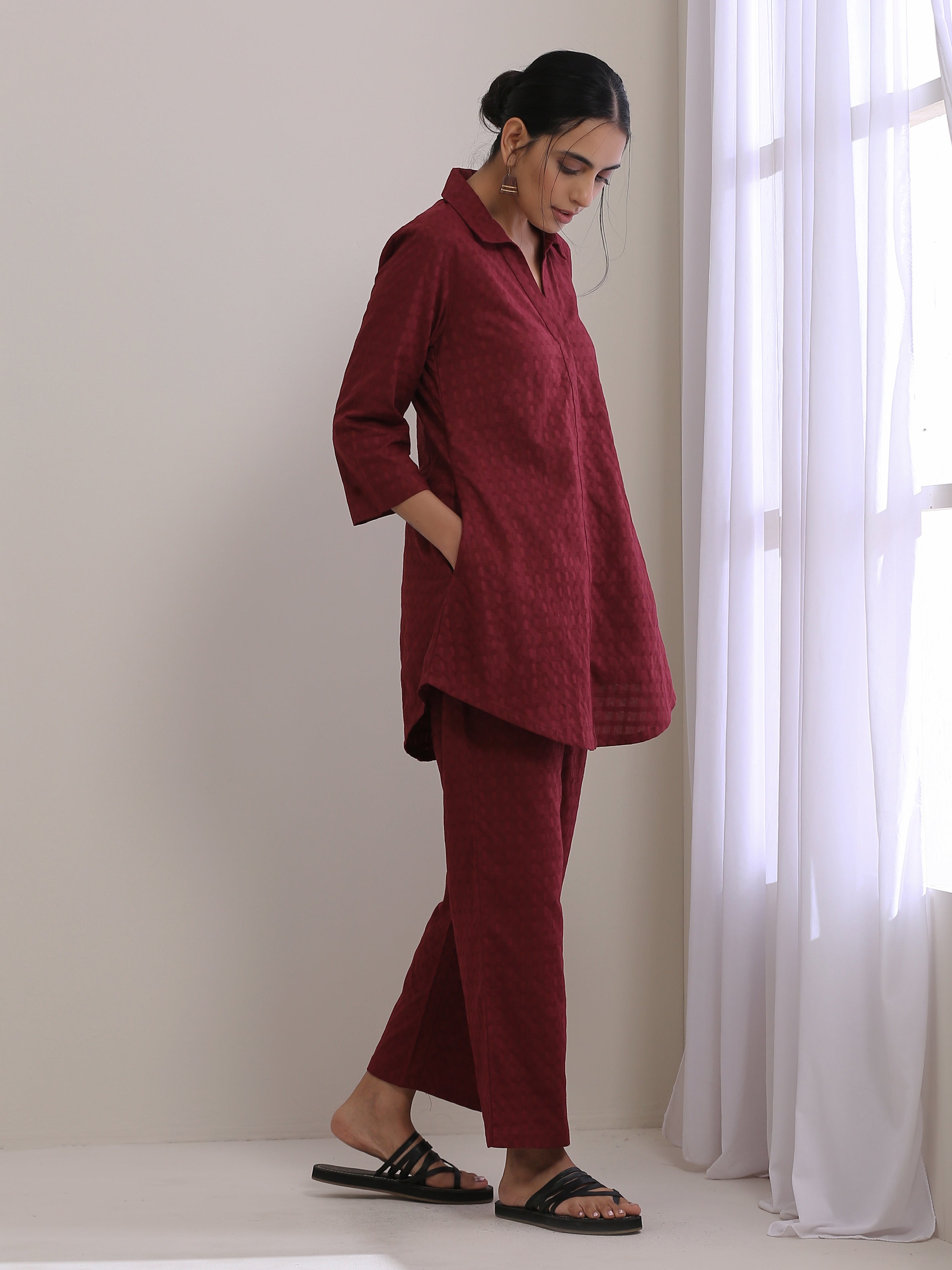 trueBrowns Ruby Wine Dobby Collar Short Co-Ord Set - Distacart