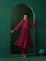Thumbnail for trueBrowns Maroon Silk Angrakha Kurta Pant Set - Distacart
