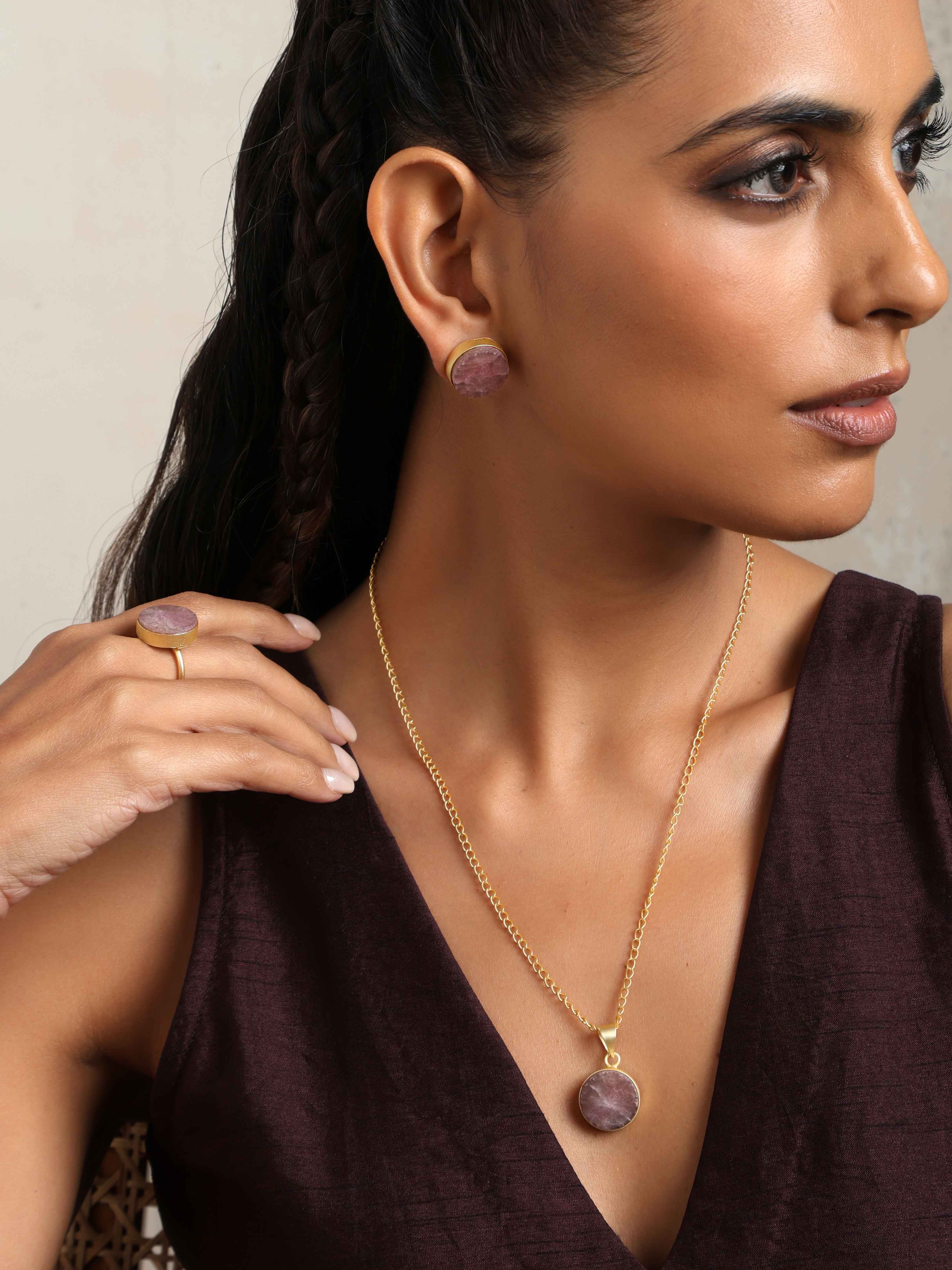trueBrowns Gold Tone Pink Stone Pendant Set - Distacart