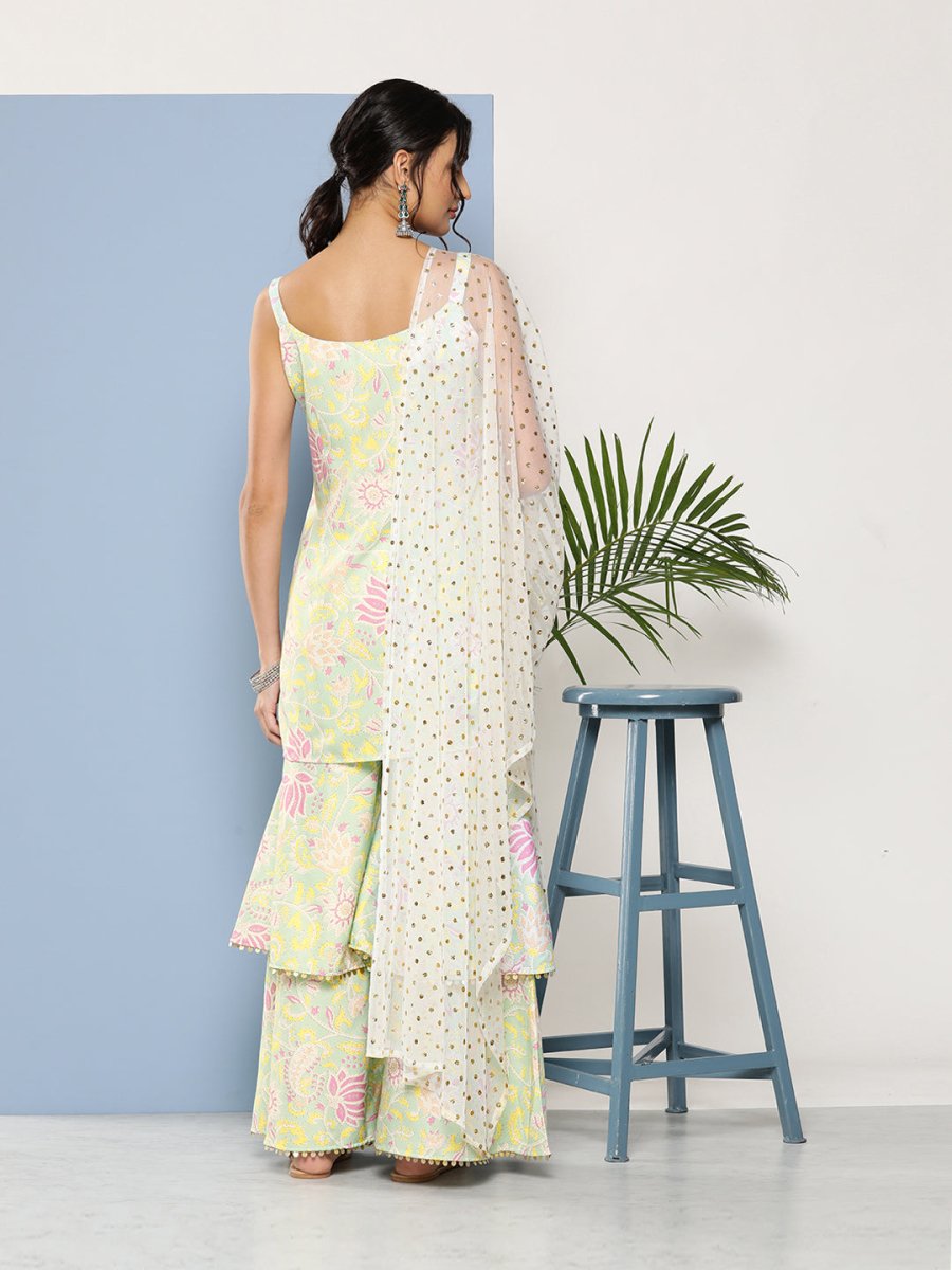 Ahalyaa Women Sea Green Floral Printed Gotta Patti Kurti with Sharara & With Dupatta - Distacart